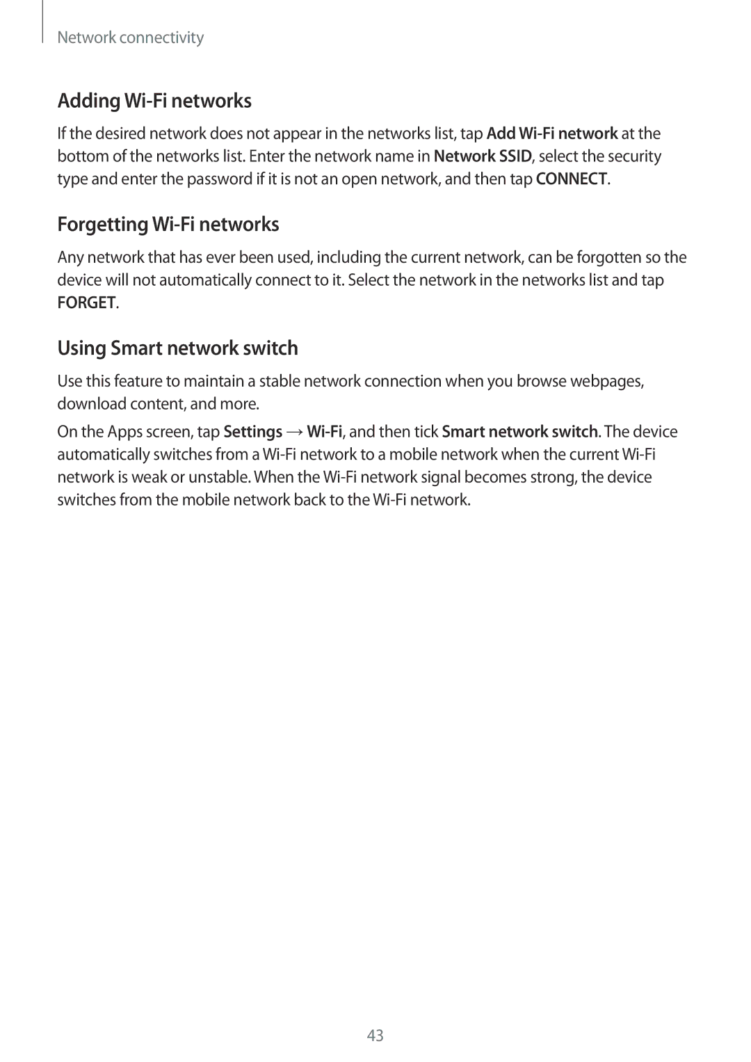 Samsung SM-G800FZWASWC, SM-G800FZWADBT manual Adding Wi-Fi networks, Forgetting Wi-Fi networks, Using Smart network switch 