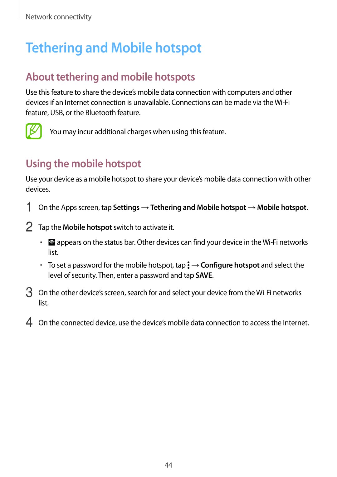 Samsung SM-G800FZKAROM manual Tethering and Mobile hotspot, About tethering and mobile hotspots, Using the mobile hotspot 