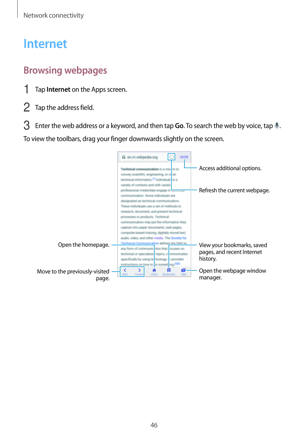 Samsung SM-G800FZKAATO, SM-G800FZWADBT, SM-G800FZDADBT, SM-G800FZKADBT, SM-G800FZBADBT manual Internet, Browsing webpages 