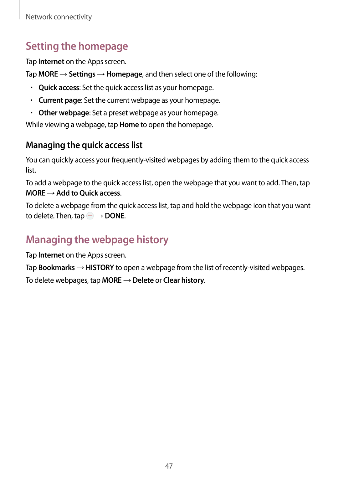 Samsung SM-G800FZKAITV, SM-G800FZWADBT Setting the homepage, Managing the webpage history, Managing the quick access list 