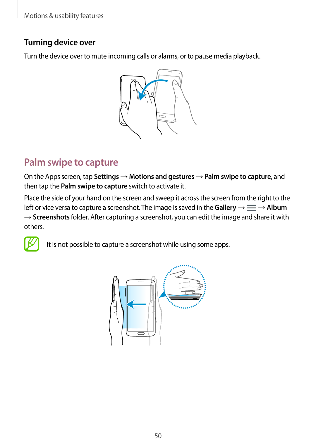 Samsung SM-G800FZKADTM, SM-G800FZWADBT, SM-G800FZDADBT, SM-G800FZKADBT manual Palm swipe to capture, Turning device over 