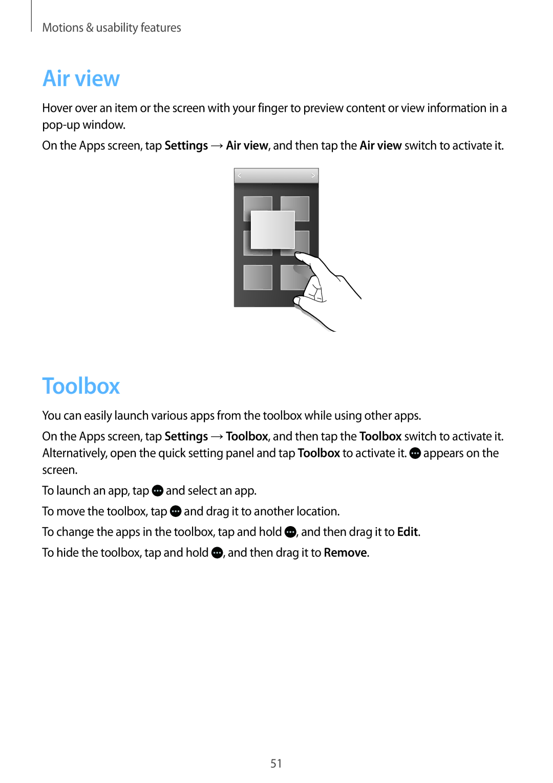 Samsung SM-G800FZDAAUT, SM-G800FZWADBT, SM-G800FZDADBT, SM-G800FZKADBT, SM-G800FZBADBT, SM-G800FZKASFR manual Air view, Toolbox 