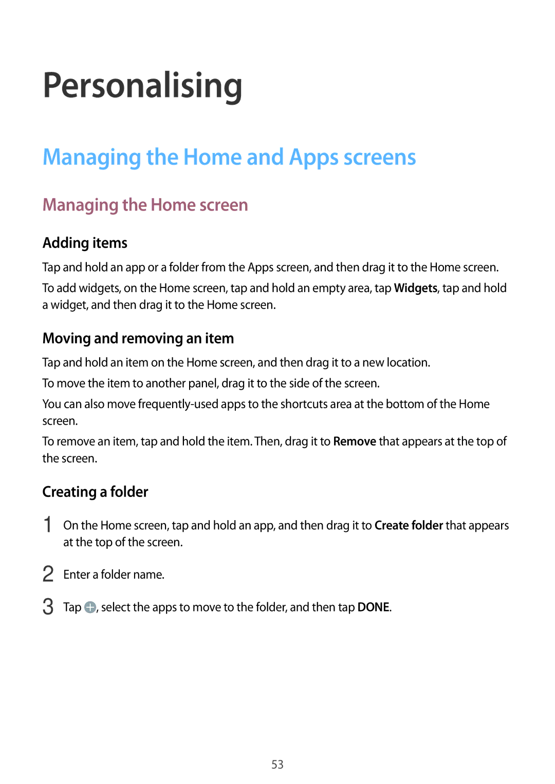 Samsung SM-G800FZKATPH, SM-G800FZWADBT manual Personalising, Managing the Home and Apps screens, Managing the Home screen 