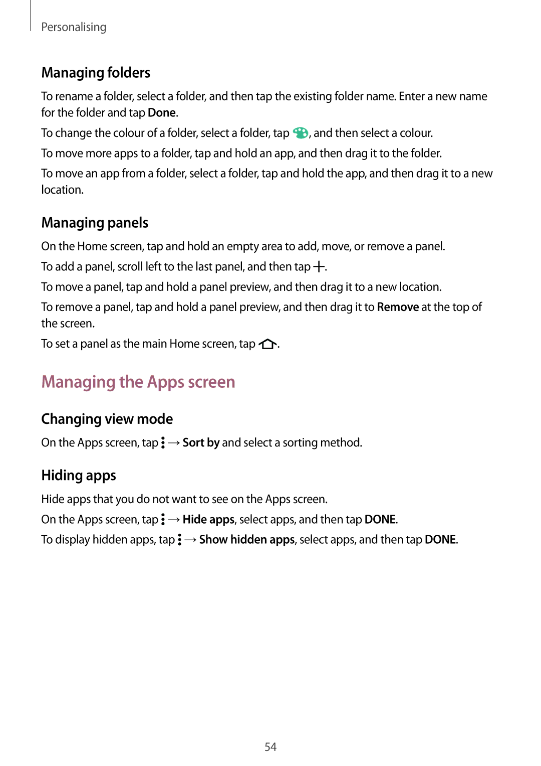 Samsung SM-G800FZKAPHE manual Managing the Apps screen, Managing folders, Managing panels, Changing view mode, Hiding apps 