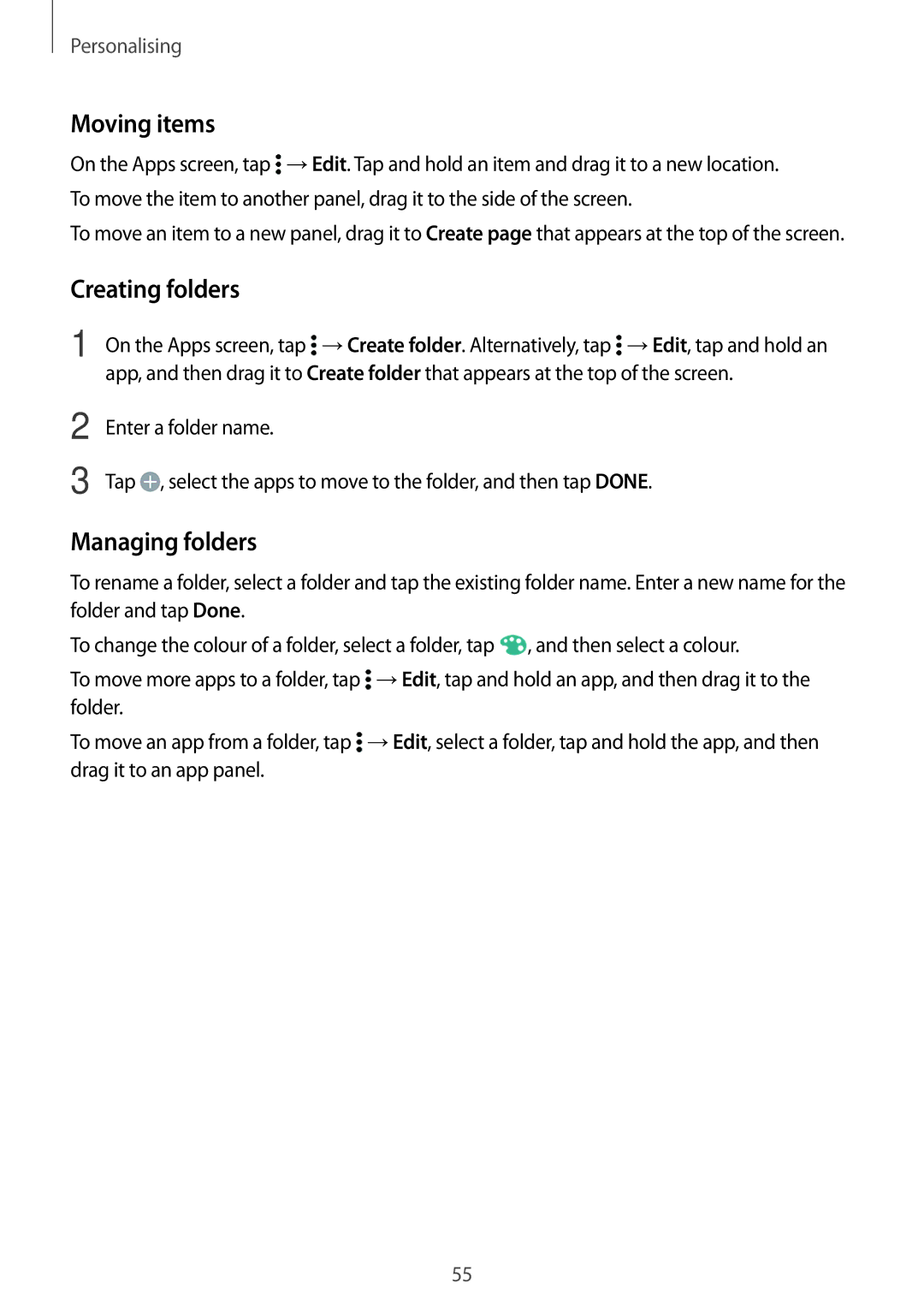 Samsung SM-G800FZKAETL, SM-G800FZWADBT, SM-G800FZDADBT, SM-G800FZKADBT, SM-G800FZBADBT manual Moving items, Creating folders 