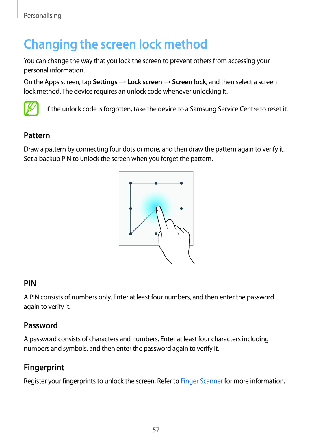 Samsung SM-G800FZDAPHE, SM-G800FZWADBT, SM-G800FZDADBT manual Changing the screen lock method, Pattern, Password, Fingerprint 