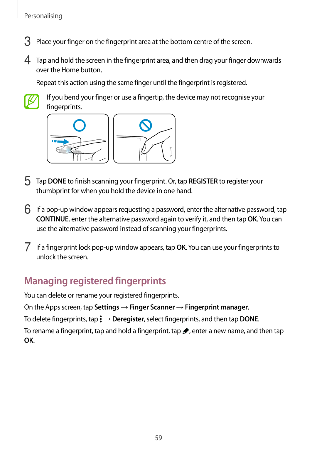 Samsung SM-G800FZDAKSA, SM-G800FZWADBT, SM-G800FZDADBT, SM-G800FZKADBT, SM-G800FZBADBT manual Managing registered fingerprints 