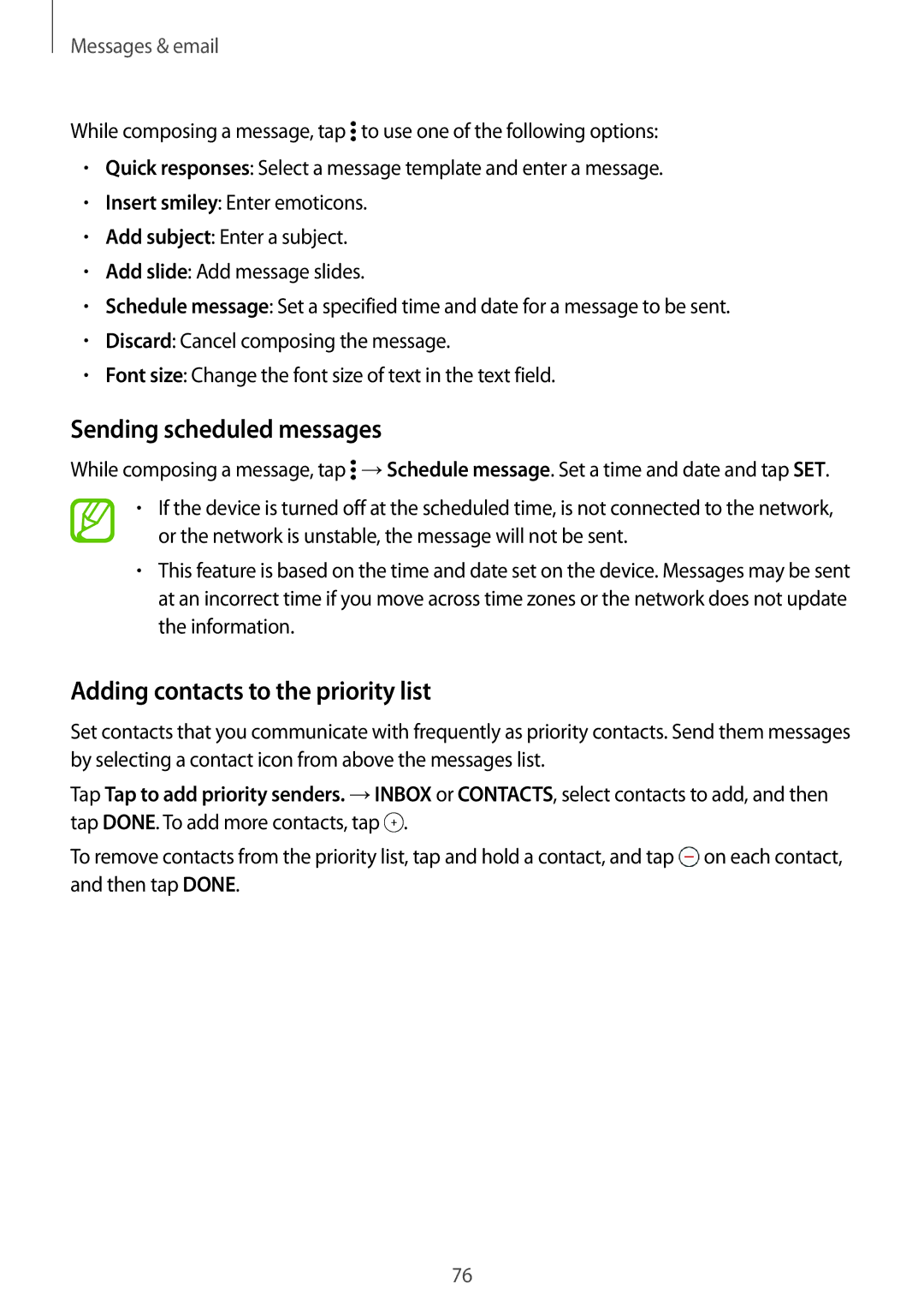 Samsung SM2G800FZDAMTL, SM-G800FZWADBT, SM-G800FZDADBT Sending scheduled messages, Adding contacts to the priority list 