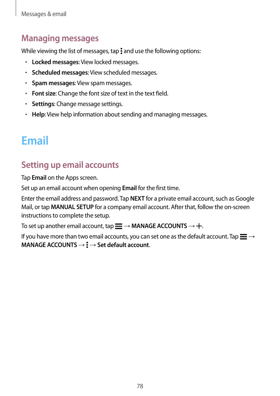 Samsung SM2G800FZWAGBL, SM-G800FZWADBT, SM-G800FZDADBT, SM-G800FZKADBT manual Managing messages, Setting up email accounts 