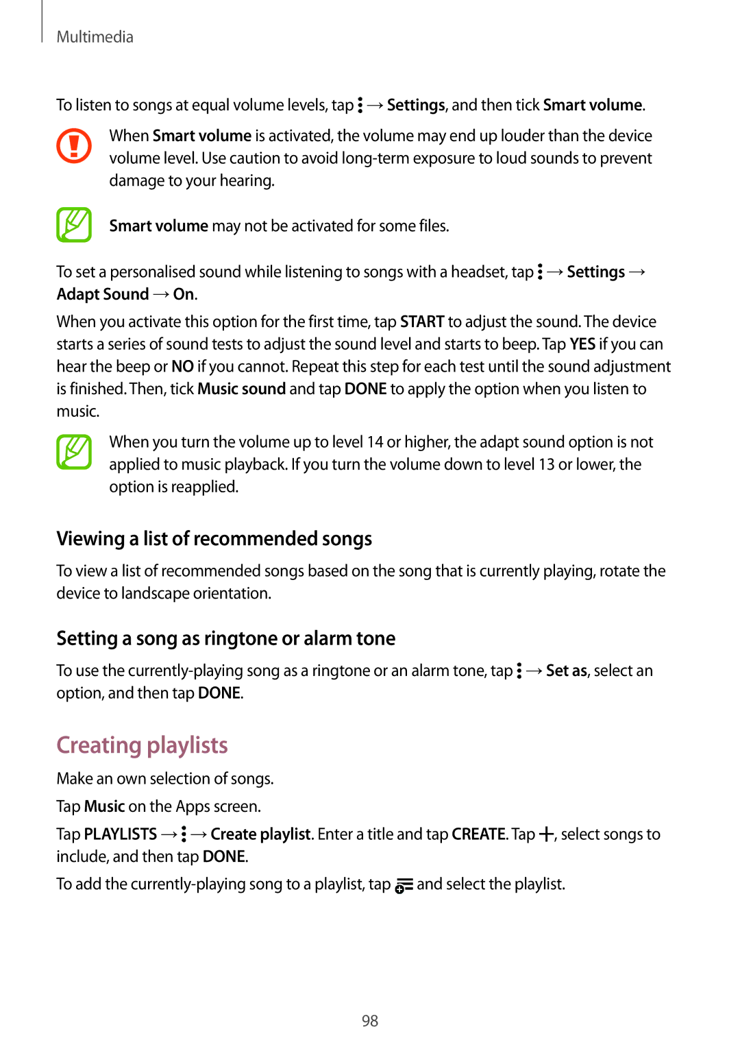 Samsung SM-G800FZKACRO Creating playlists, Viewing a list of recommended songs, Setting a song as ringtone or alarm tone 