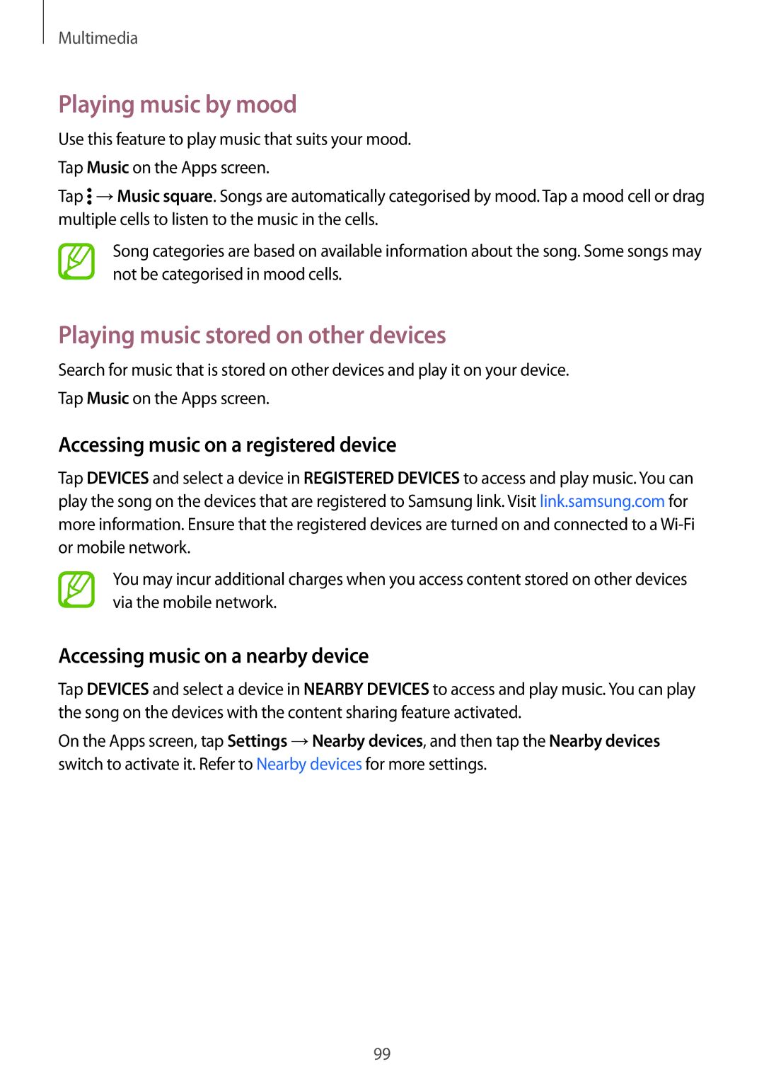 Samsung SM-G800FZWATWO Playing music by mood, Playing music stored on other devices, Accessing music on a nearby device 