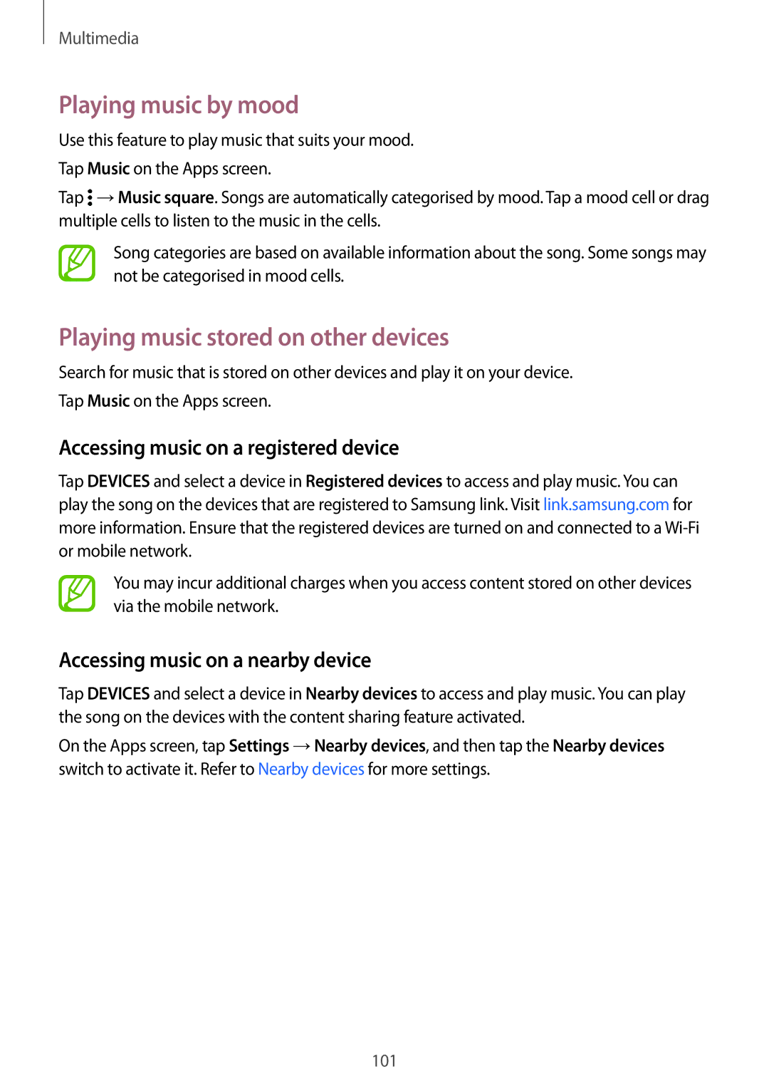 Samsung SM2G800FZDATWO Playing music by mood, Playing music stored on other devices, Accessing music on a nearby device 