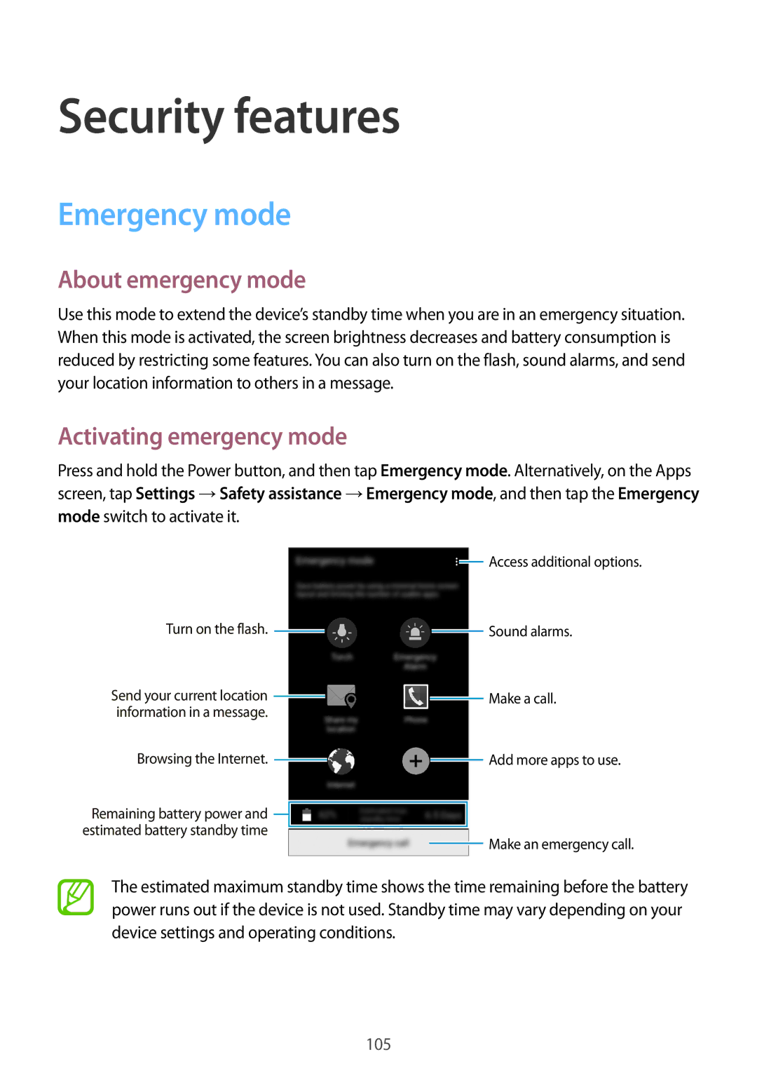 Samsung SM2G800FZWATWO, SM-G800FZWADBT Security features, Emergency mode, About emergency mode, Activating emergency mode 