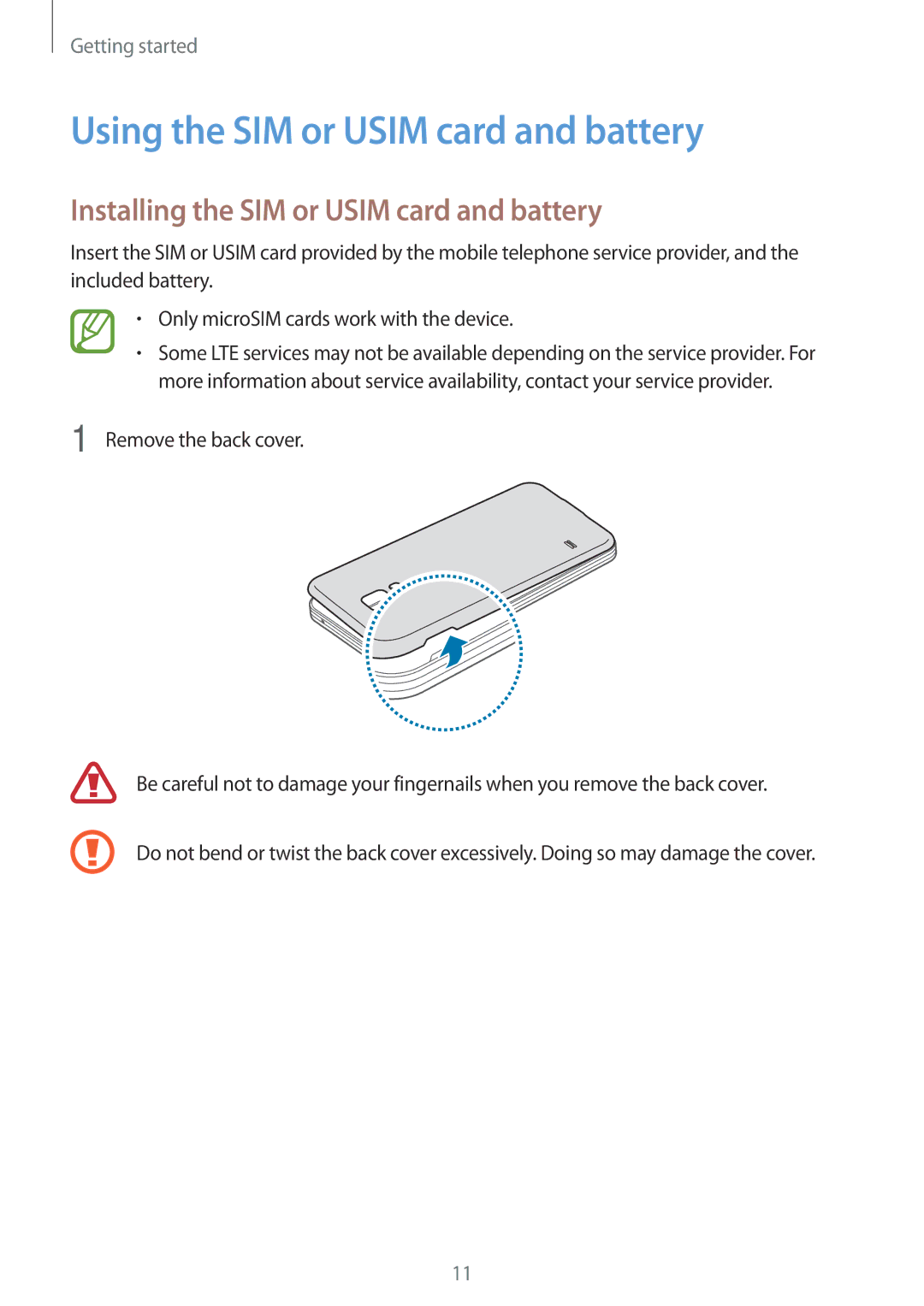 Samsung SM-G800FZDAXEF, SM-G800FZWADBT Using the SIM or Usim card and battery, Installing the SIM or Usim card and battery 