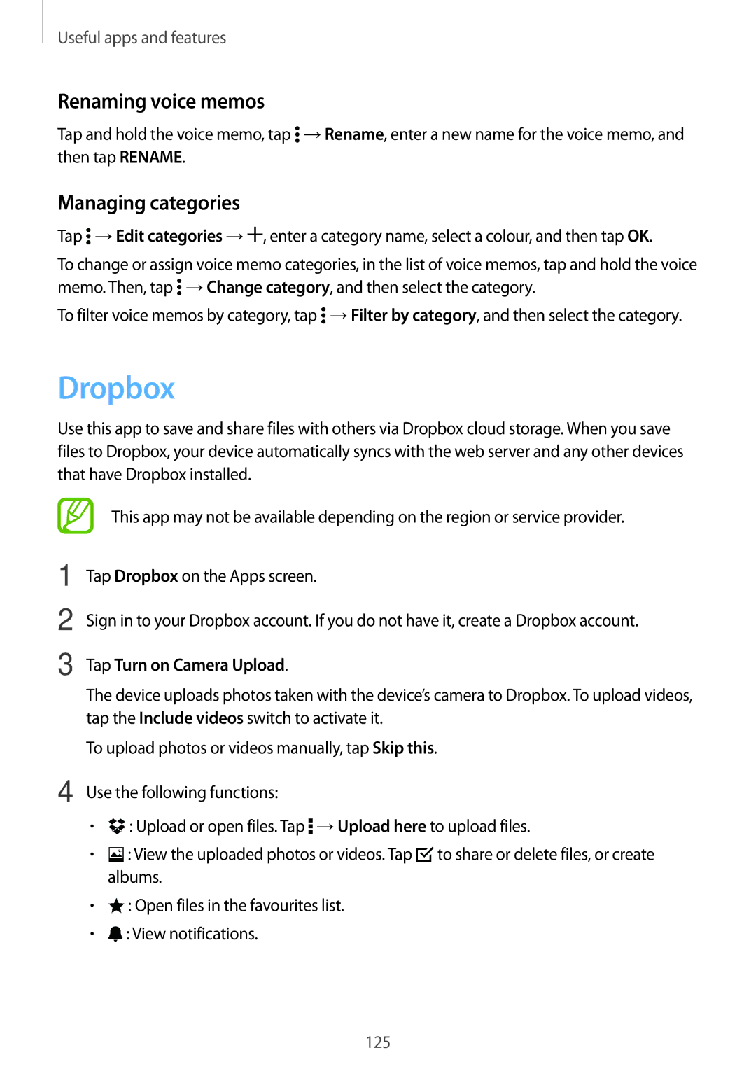 Samsung SM2G800FZWAORS, SM-G800FZWADBT manual Dropbox, Renaming voice memos, Managing categories, Tap Turn on Camera Upload 