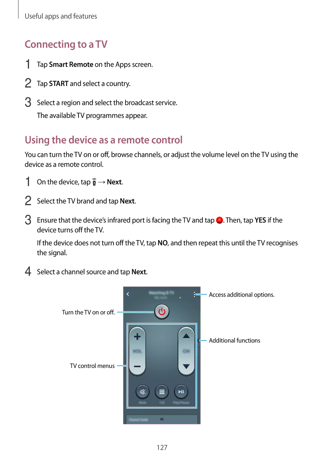 Samsung SM2G800FZBATMZ, SM-G800FZWADBT, SM-G800FZDADBT manual Connecting to a TV, Using the device as a remote control 