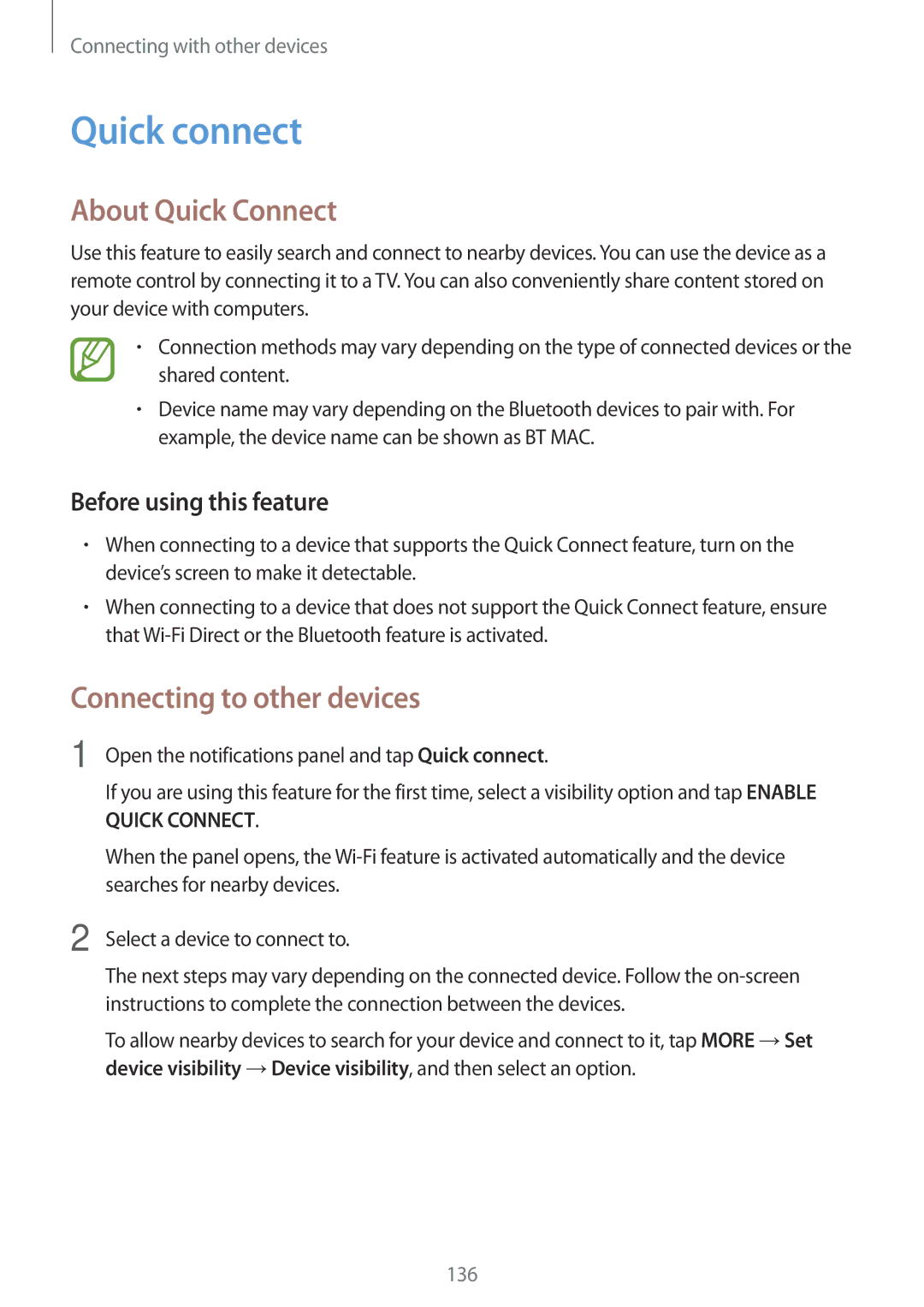 Samsung SM2G800FZKAETL, SM-G800FZWADBT, SM-G800FZDADBT manual Quick connect, About Quick Connect, Before using this feature 