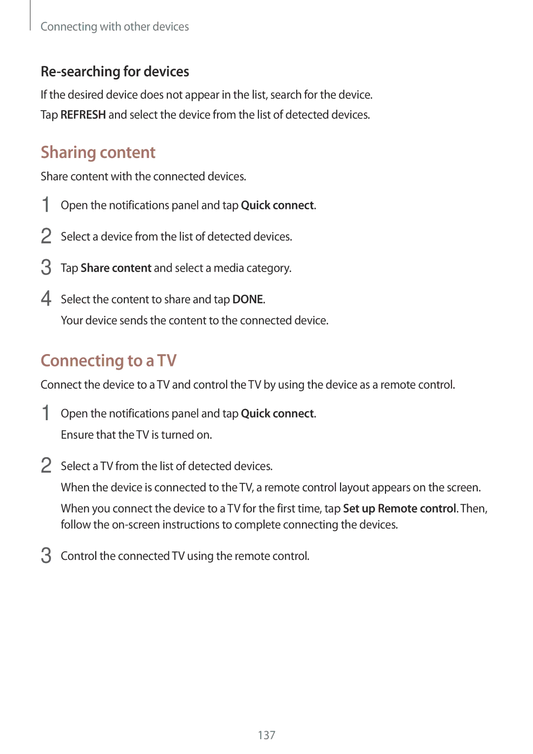 Samsung SM2G800FZDAXEH, SM-G800FZWADBT, SM-G800FZDADBT, SM-G800FZKADBT manual Sharing content, Re-searching for devices 