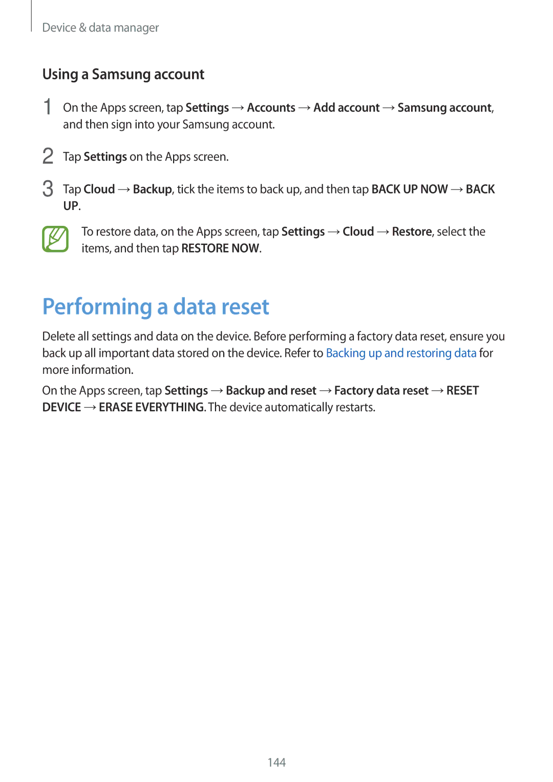 Samsung SM2G800FZDAETL, SM-G800FZWADBT, SM-G800FZDADBT, SM-G800FZKADBT manual Performing a data reset, Using a Samsung account 