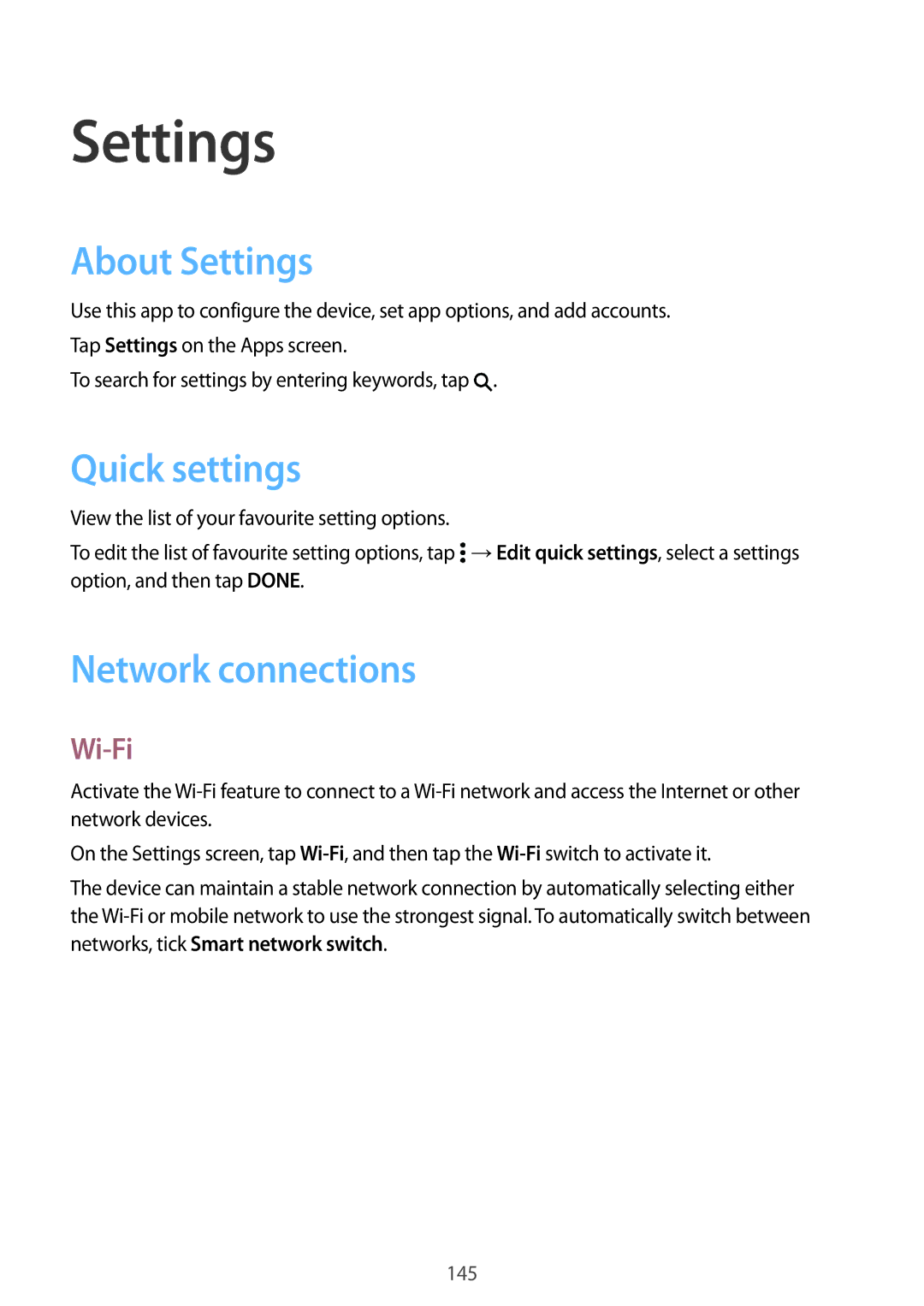 Samsung SM2G800FZKATMS, SM-G800FZWADBT, SM-G800FZDADBT manual About Settings, Quick settings, Network connections, Wi-Fi 