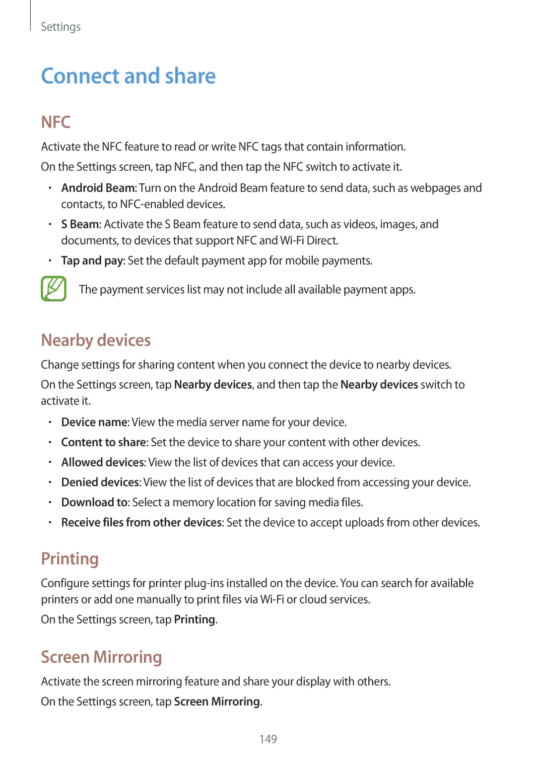 Samsung SM2G800FZWAPAN, SM-G800FZWADBT, SM-G800FZDADBT manual Connect and share, Nearby devices, Printing, Screen Mirroring 