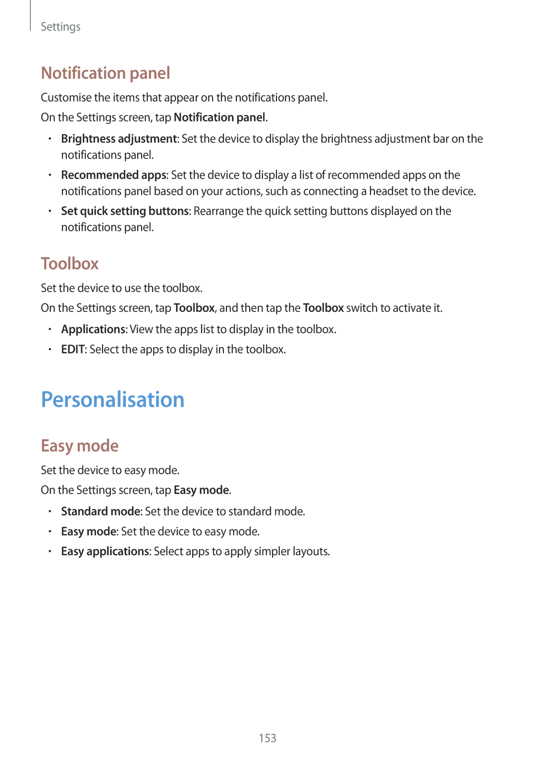 Samsung SM2G800FZKAORS, SM-G800FZWADBT, SM-G800FZDADBT manual Personalisation, Notification panel, Toolbox, Easy mode 
