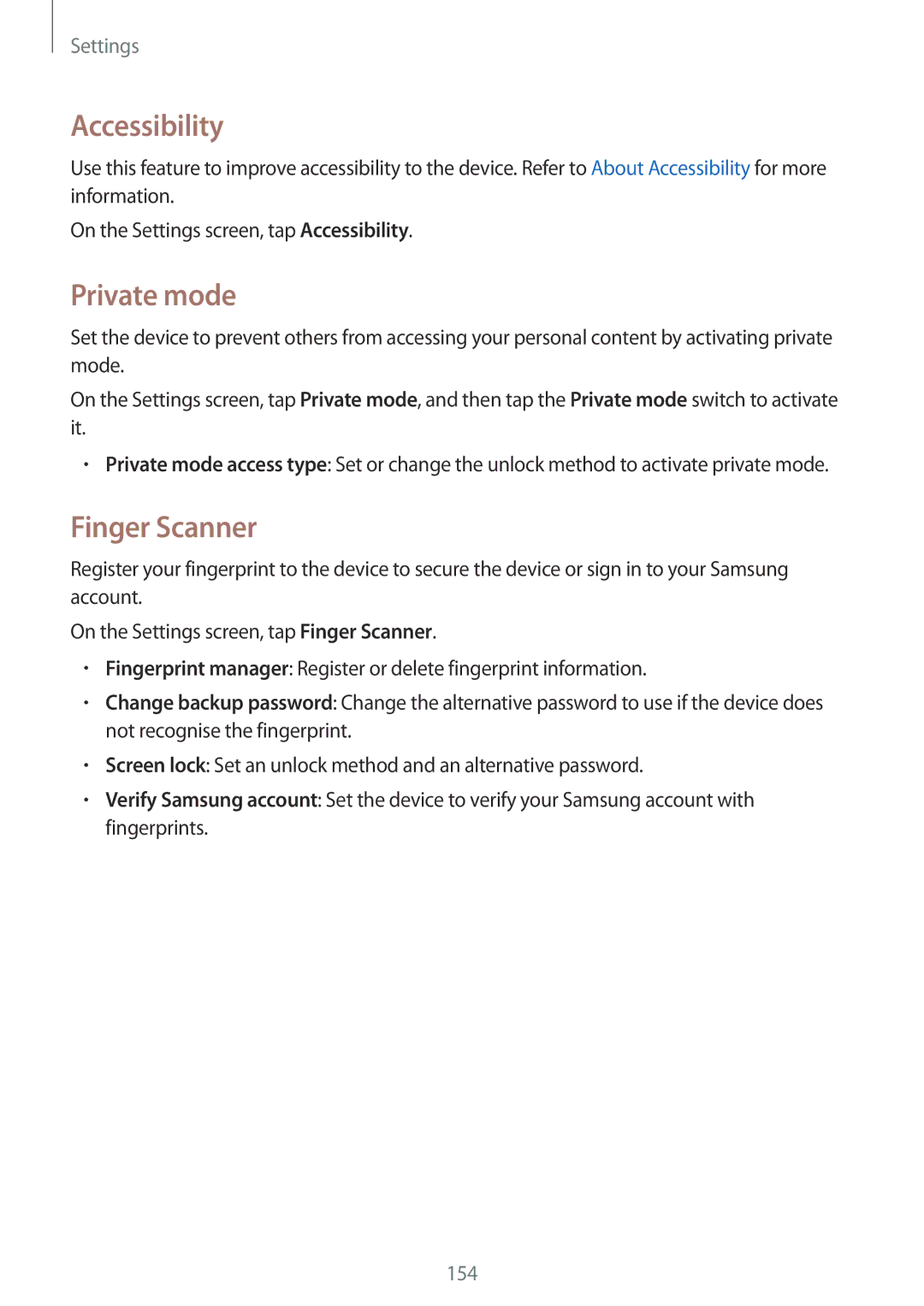 Samsung SM-G800FZDAORX, SM-G800FZWADBT, SM-G800FZDADBT, SM-G800FZKADBT manual Accessibility, Private mode, Finger Scanner 