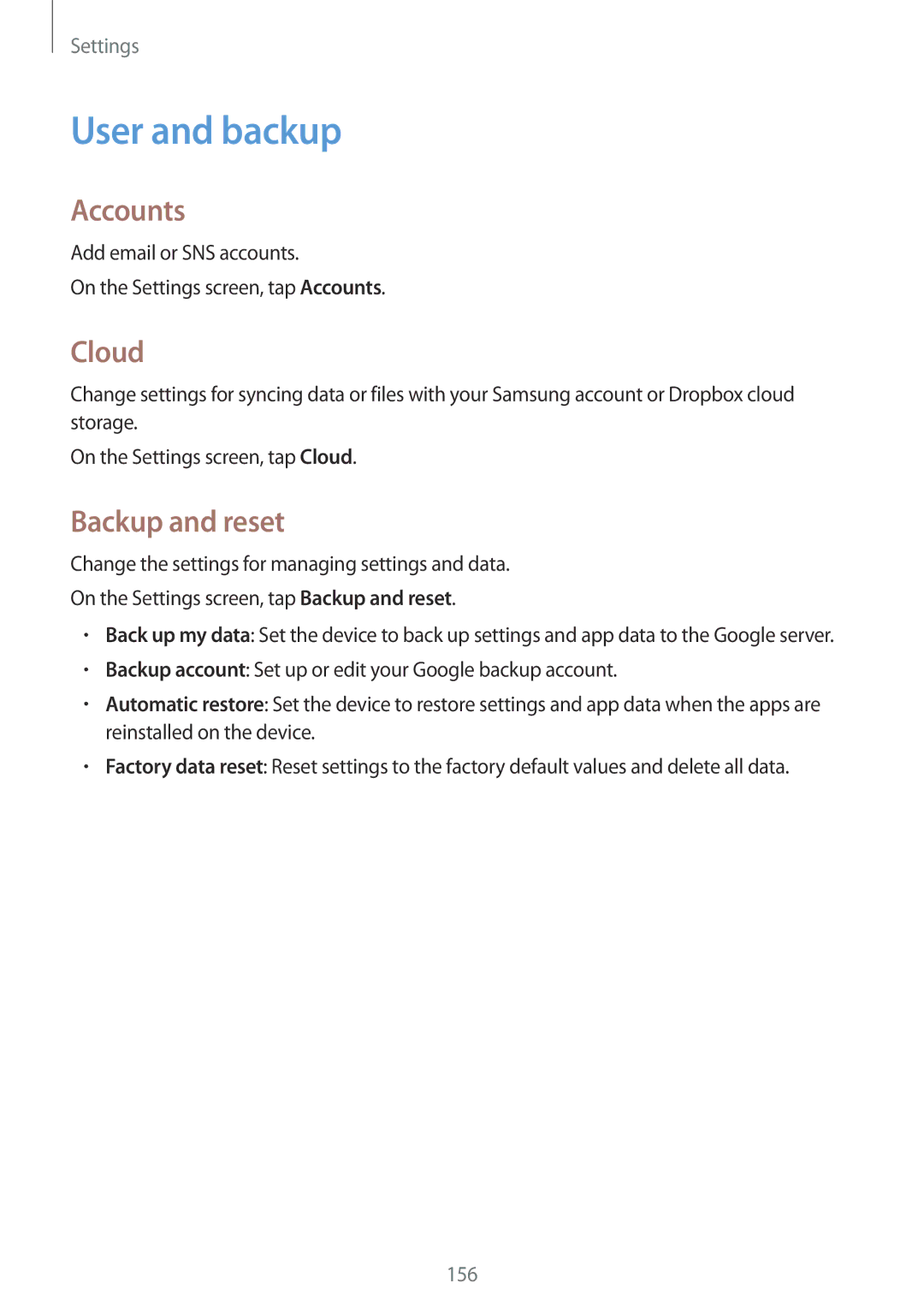 Samsung SM-G800FZKAMOB, SM-G800FZWADBT, SM-G800FZDADBT, SM-G800FZKADBT User and backup, Accounts, Cloud, Backup and reset 