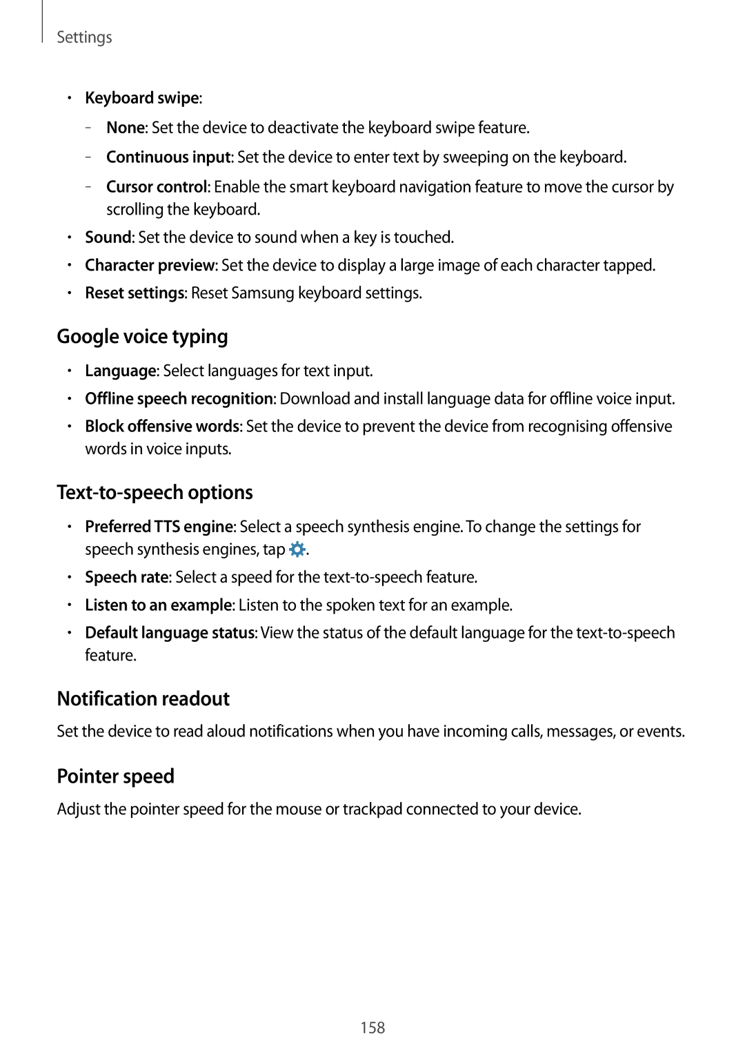 Samsung SM2G800FZWAORX Google voice typing, Text-to-speech options, Notification readout, Pointer speed, Keyboard swipe 