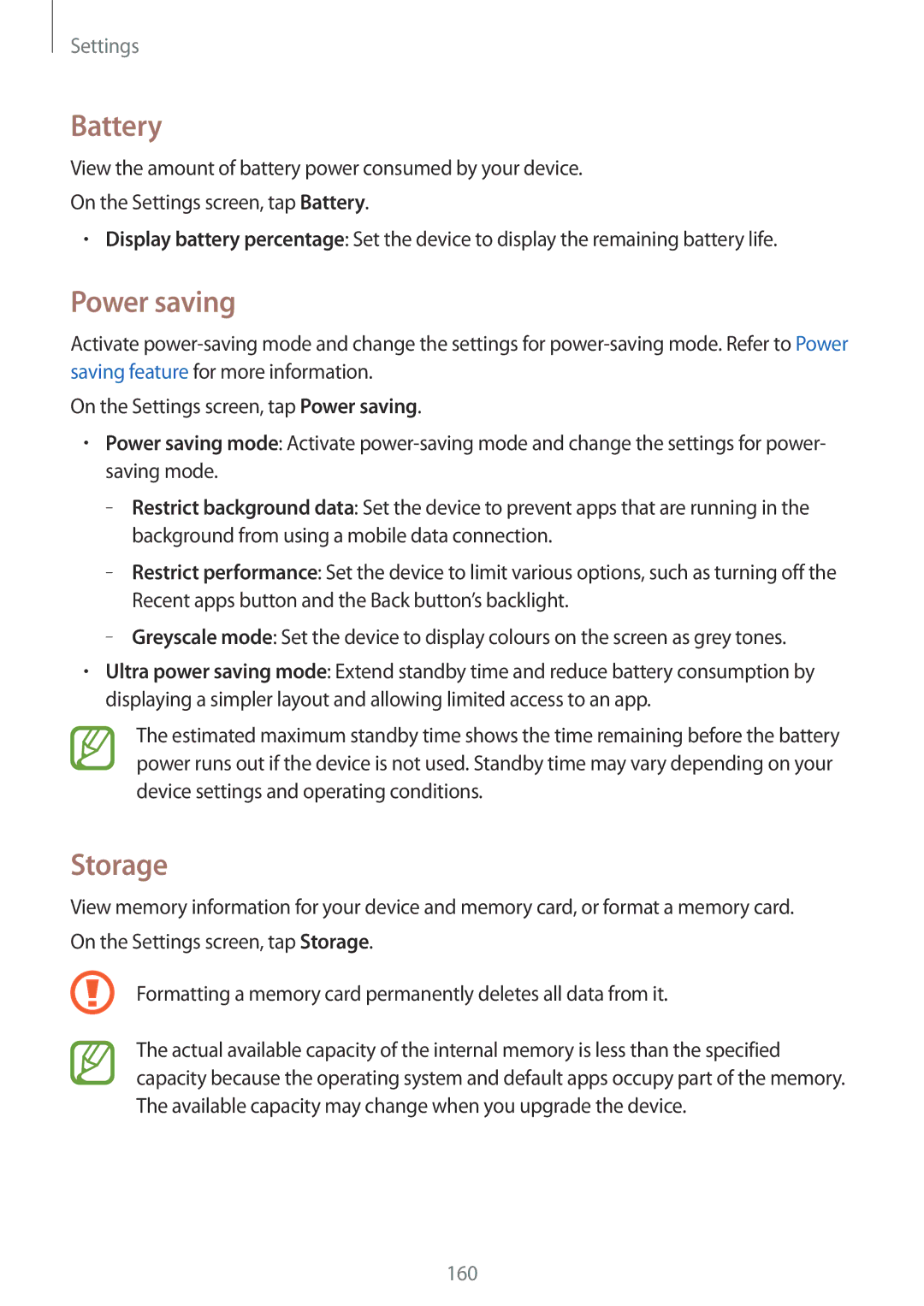 Samsung SM-G800FZKATMS, SM-G800FZWADBT, SM-G800FZDADBT, SM-G800FZKADBT, SM-G800FZBADBT manual Battery, Power saving, Storage 