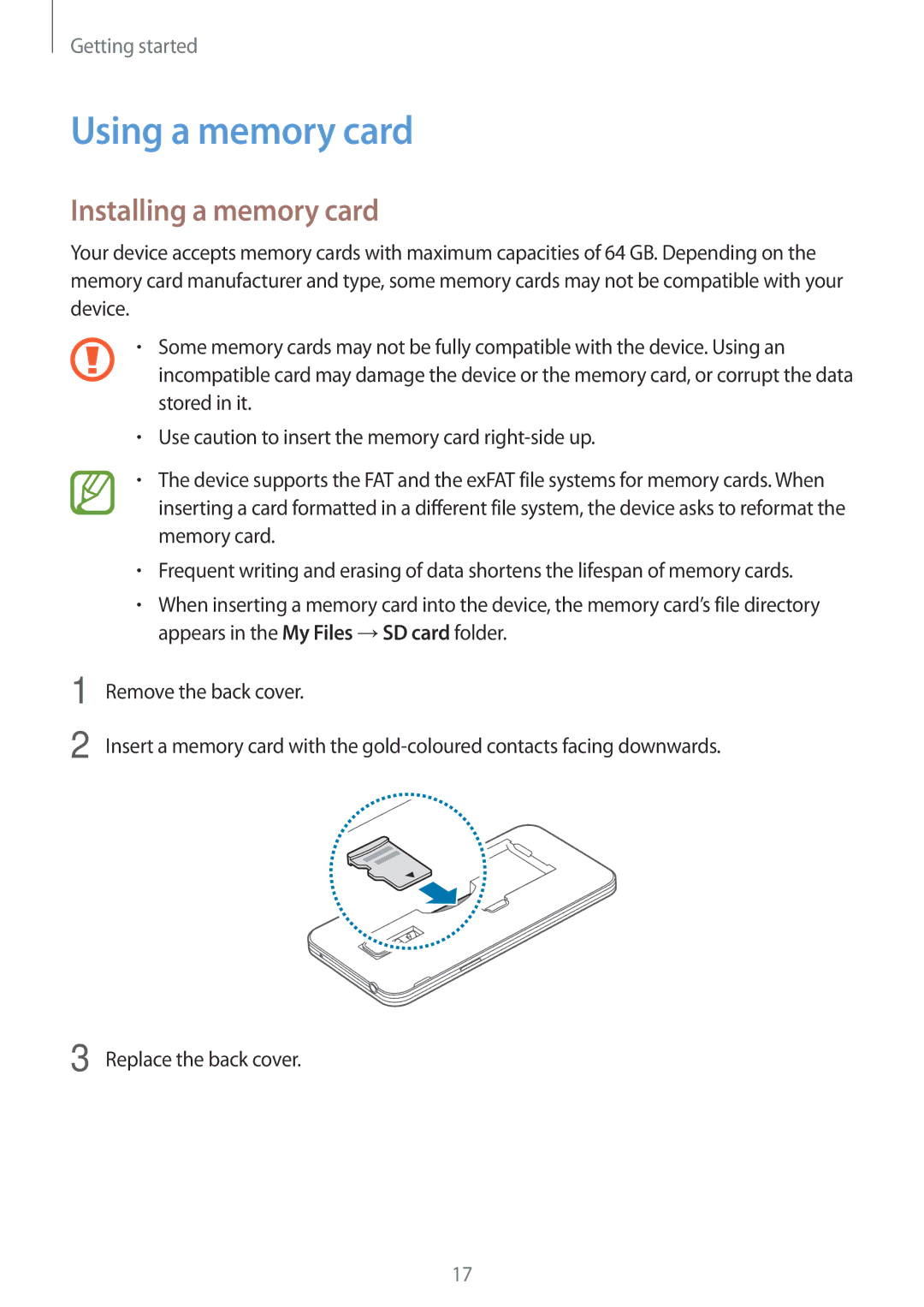 Samsung SM-G800FZKAWIN, SM-G800FZWADBT, SM-G800FZDADBT, SM-G800FZKADBT manual Using a memory card, Installing a memory card 