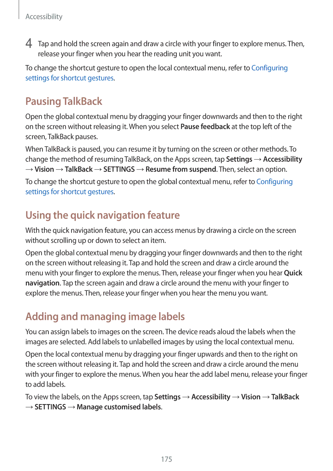 Samsung SM-G800FZBASEB manual Pausing TalkBack, Using the quick navigation feature, Adding and managing image labels 