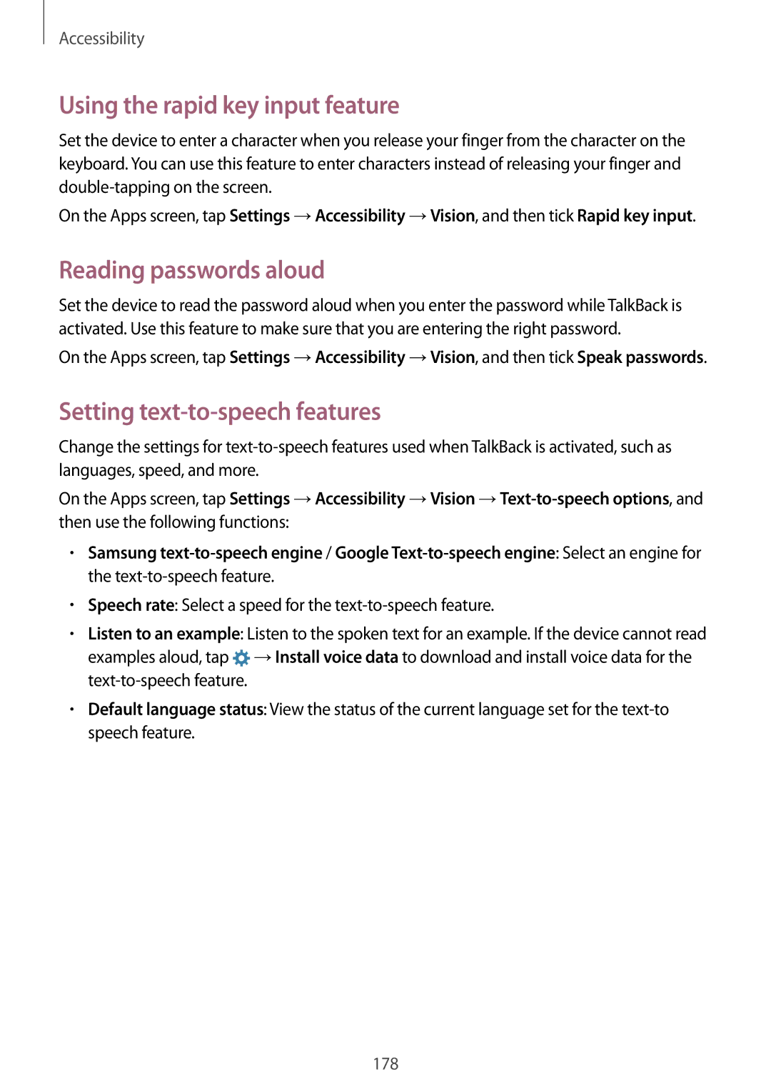 Samsung SM-G800FZDAEUR manual Using the rapid key input feature, Reading passwords aloud, Setting text-to-speech features 