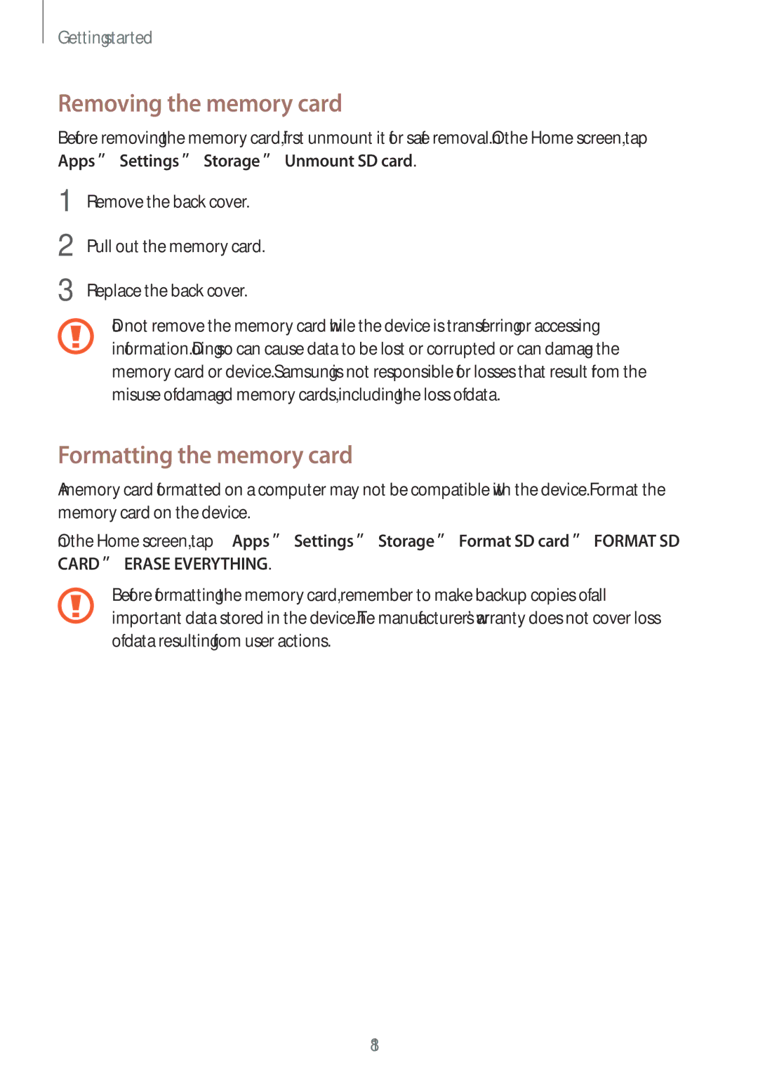 Samsung SM-G800FZKASWC, SM-G800FZWADBT, SM-G800FZDADBT, SM-G800FZKADBT Removing the memory card, Formatting the memory card 