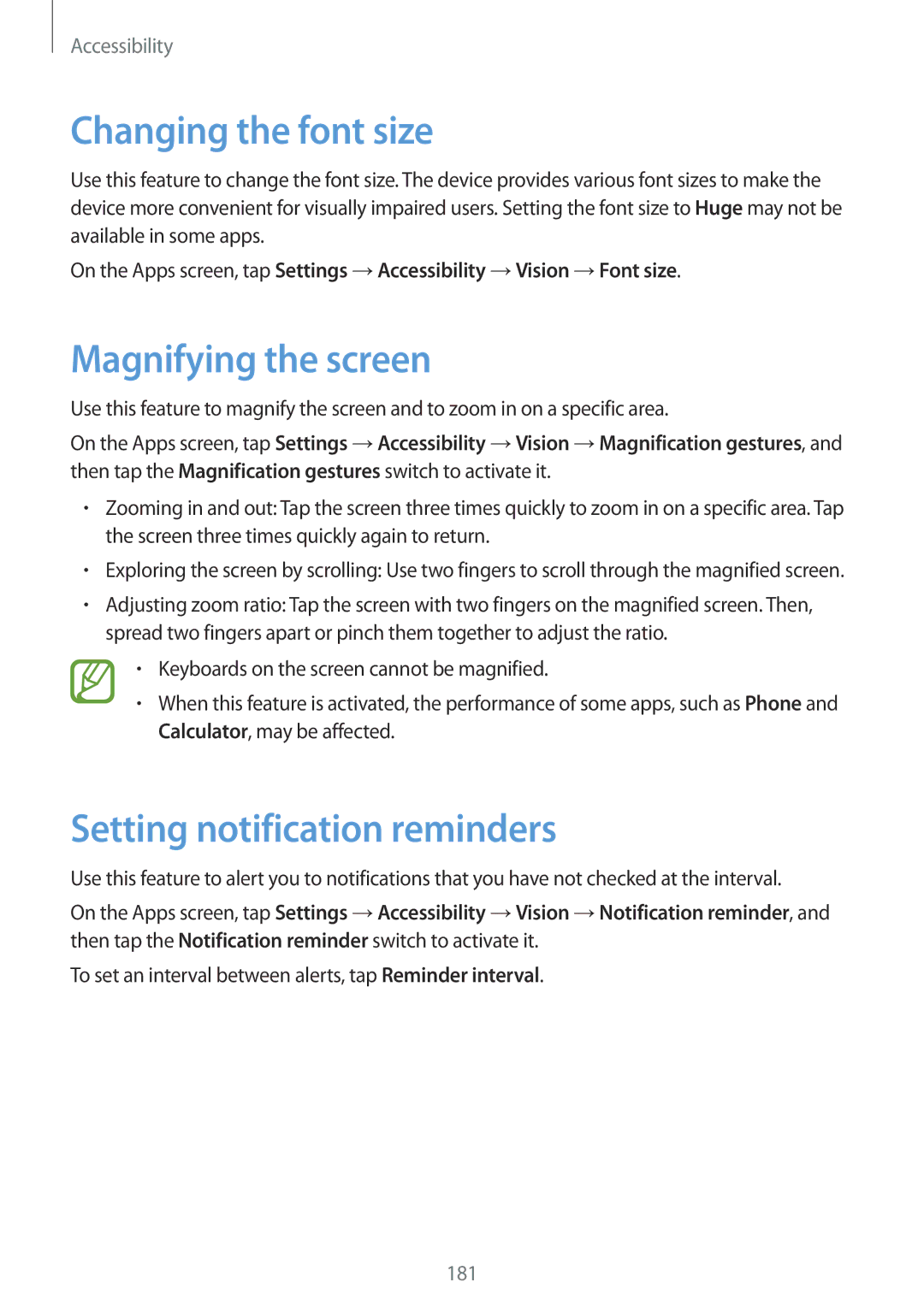 Samsung SM-G800FZKAVGR, SM-G800FZWADBT manual Changing the font size, Magnifying the screen, Setting notification reminders 