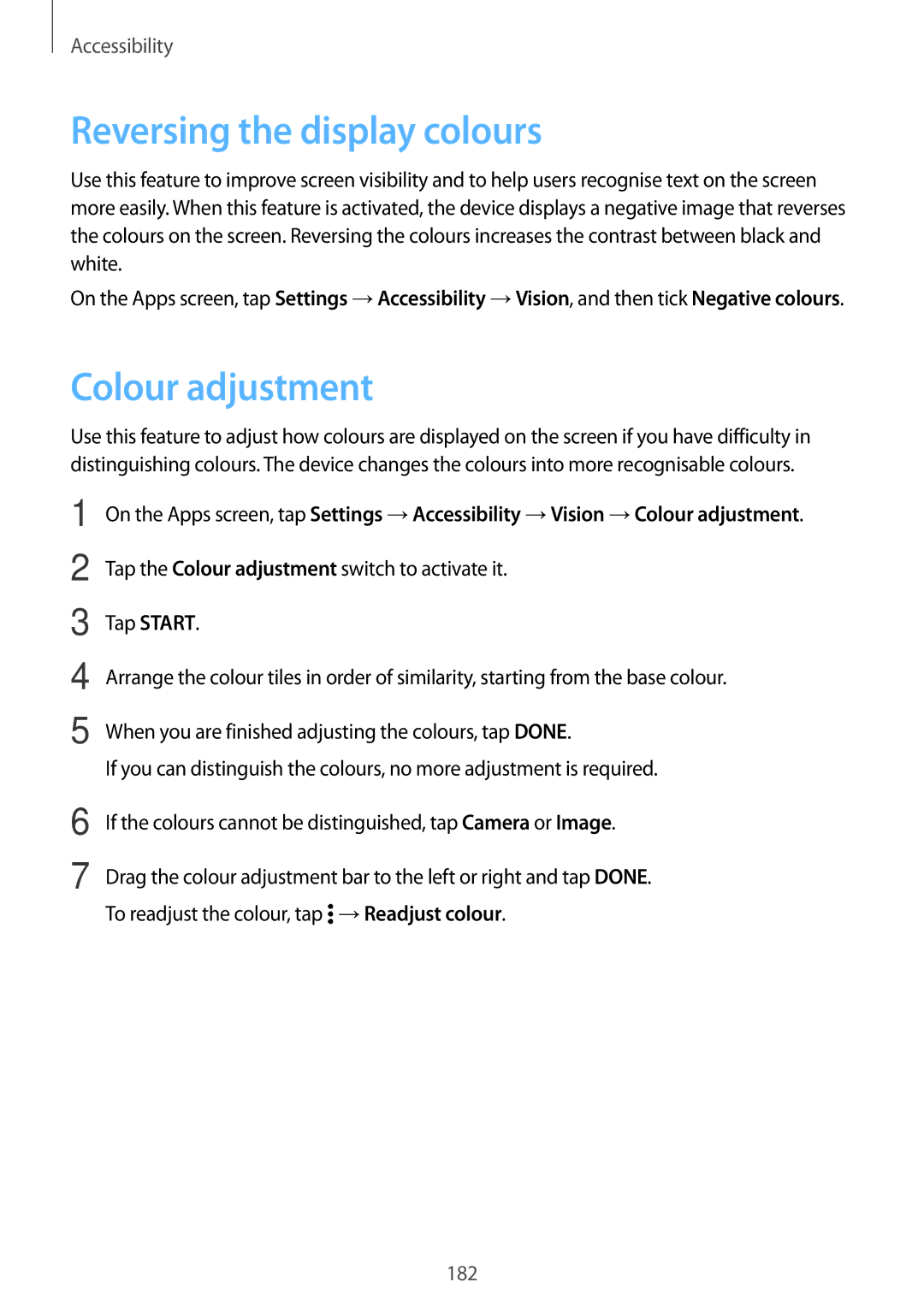 Samsung SM-G800FZBAEUR, SM-G800FZWADBT, SM-G800FZDADBT, SM-G800FZKADBT manual Reversing the display colours, Colour adjustment 