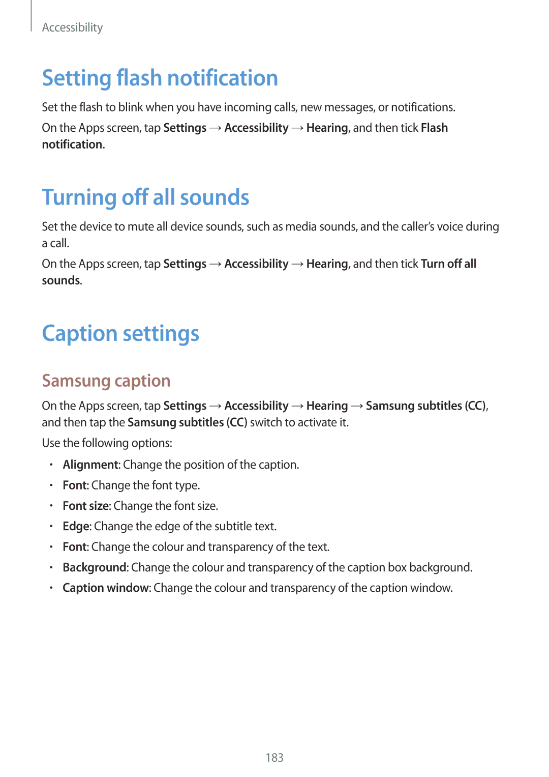 Samsung SM-G800FZDAVGR manual Setting flash notification, Turning off all sounds, Caption settings, Samsung caption 