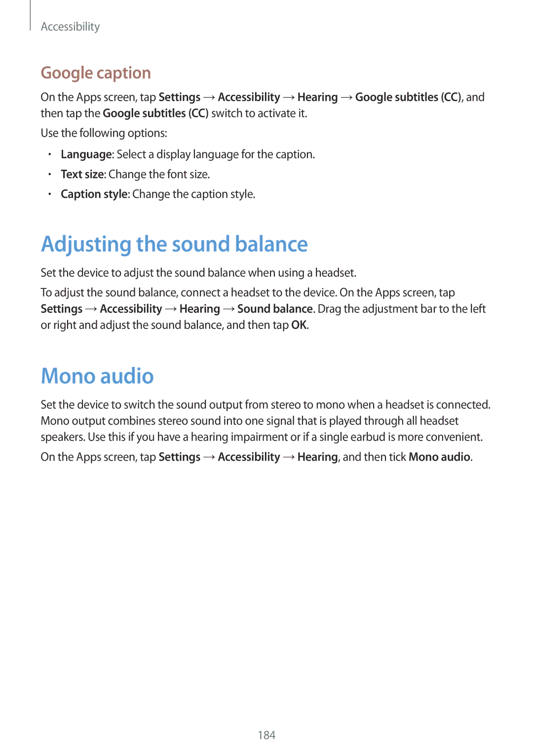 Samsung SM-G800FZKACYV, SM-G800FZWADBT, SM-G800FZDADBT manual Adjusting the sound balance, Mono audio, Google caption 