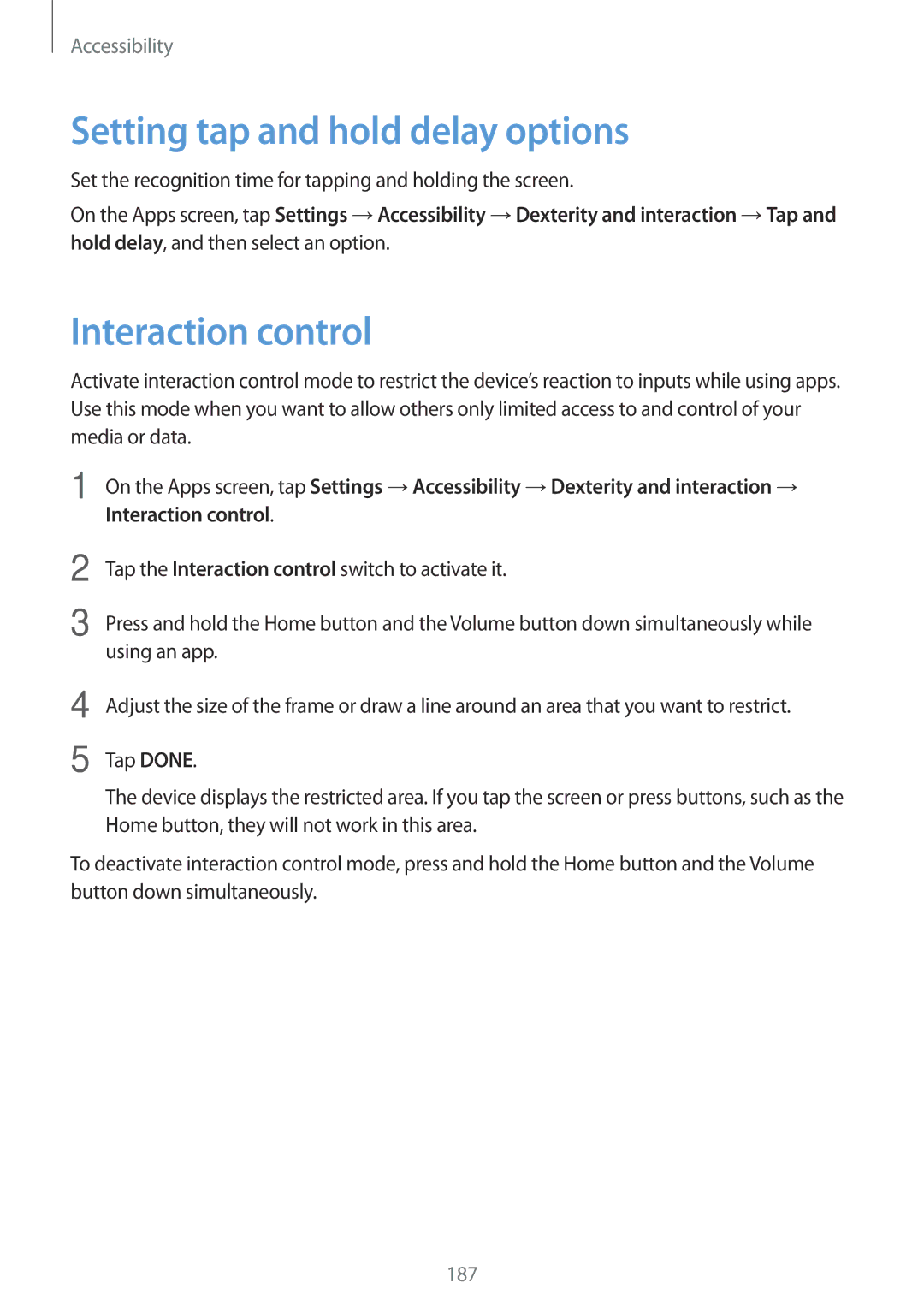 Samsung SM-G800FZBAVGR, SM-G800FZWADBT, SM-G800FZDADBT manual Setting tap and hold delay options, Interaction control 