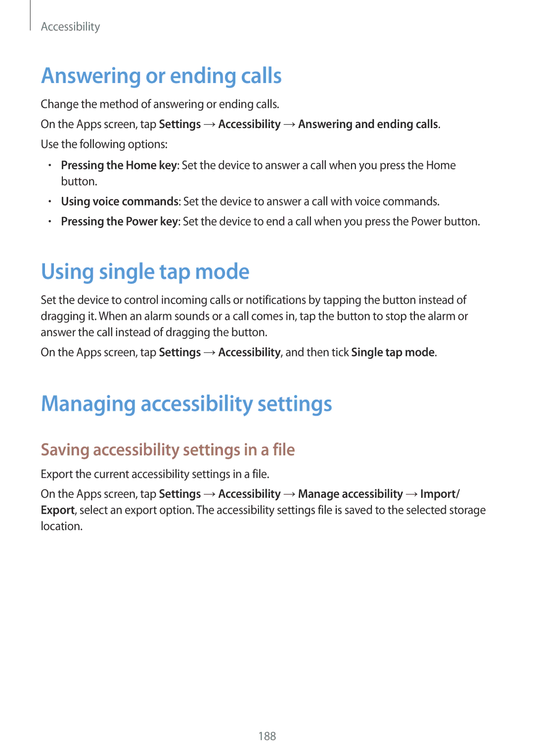 Samsung SM-G800FZBACYV, SM-G800FZWADBT Answering or ending calls, Using single tap mode, Managing accessibility settings 