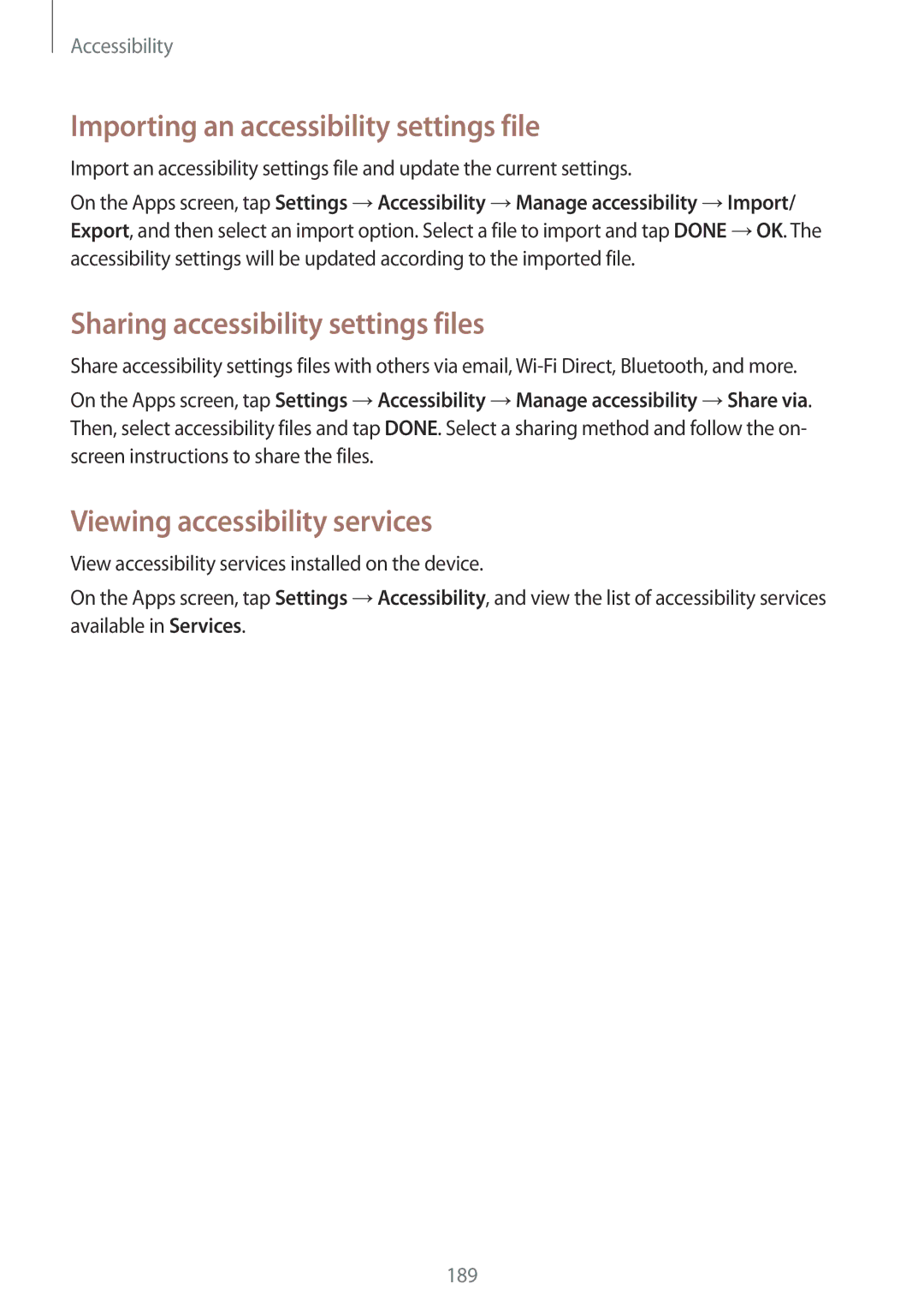 Samsung SM-G800FZBASER, SM-G800FZWADBT manual Importing an accessibility settings file, Sharing accessibility settings files 