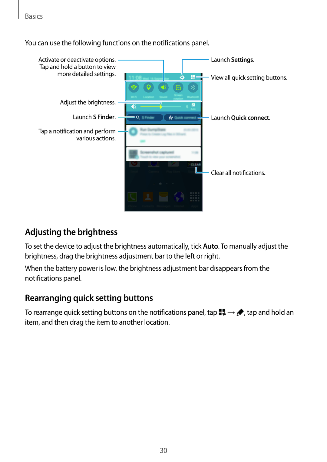 Samsung SM-G800FZDAITV, SM-G800FZWADBT, SM-G800FZDADBT manual Adjusting the brightness, Rearranging quick setting buttons 