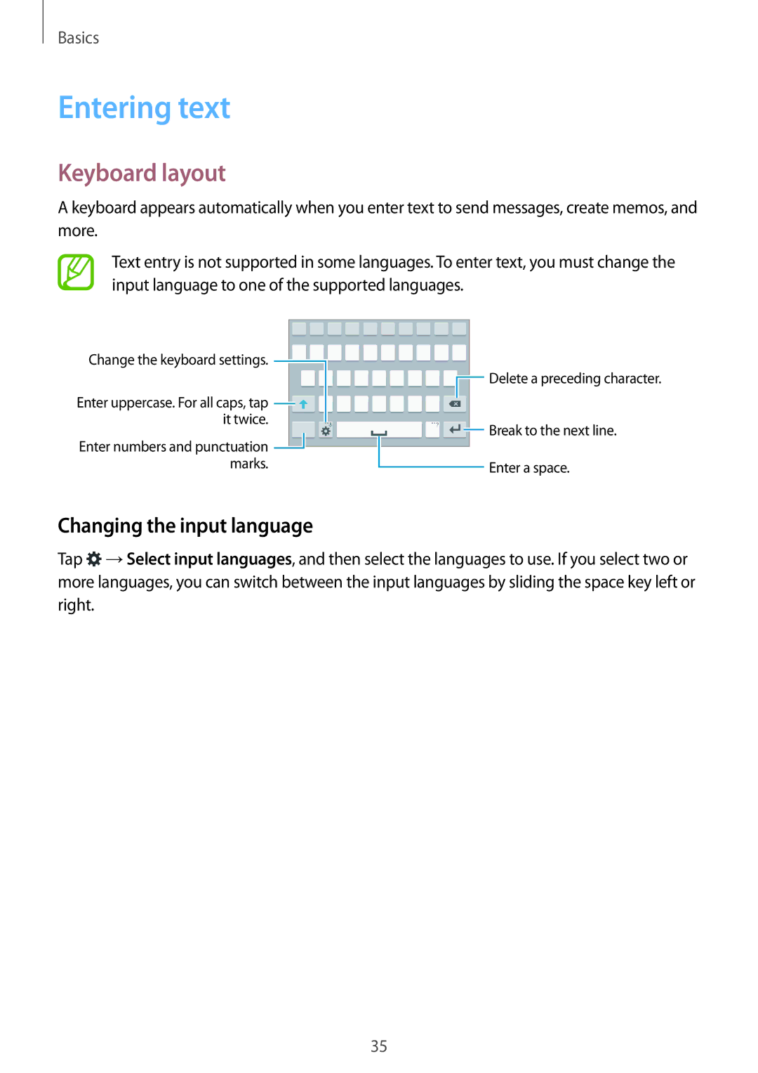 Samsung SM-G800FZKAORX, SM-G800FZWADBT, SM-G800FZDADBT manual Entering text, Keyboard layout, Changing the input language 