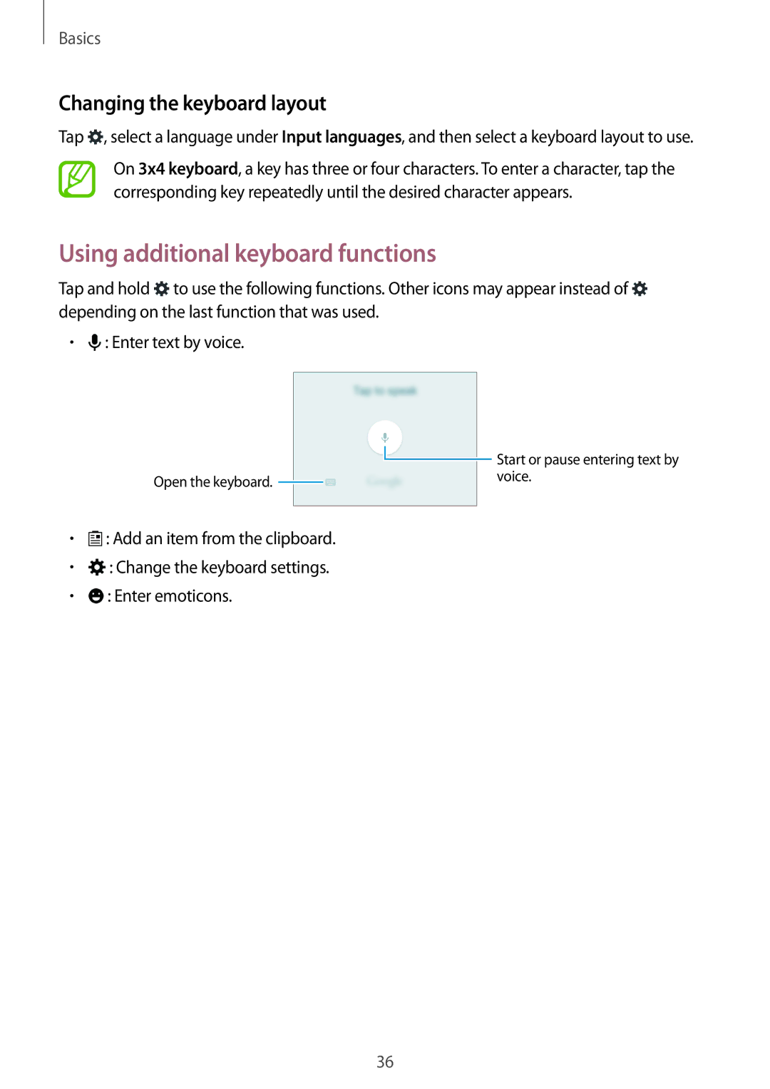 Samsung SM-G800FZWATIM, SM-G800FZWADBT, SM-G800FZDADBT Using additional keyboard functions, Changing the keyboard layout 