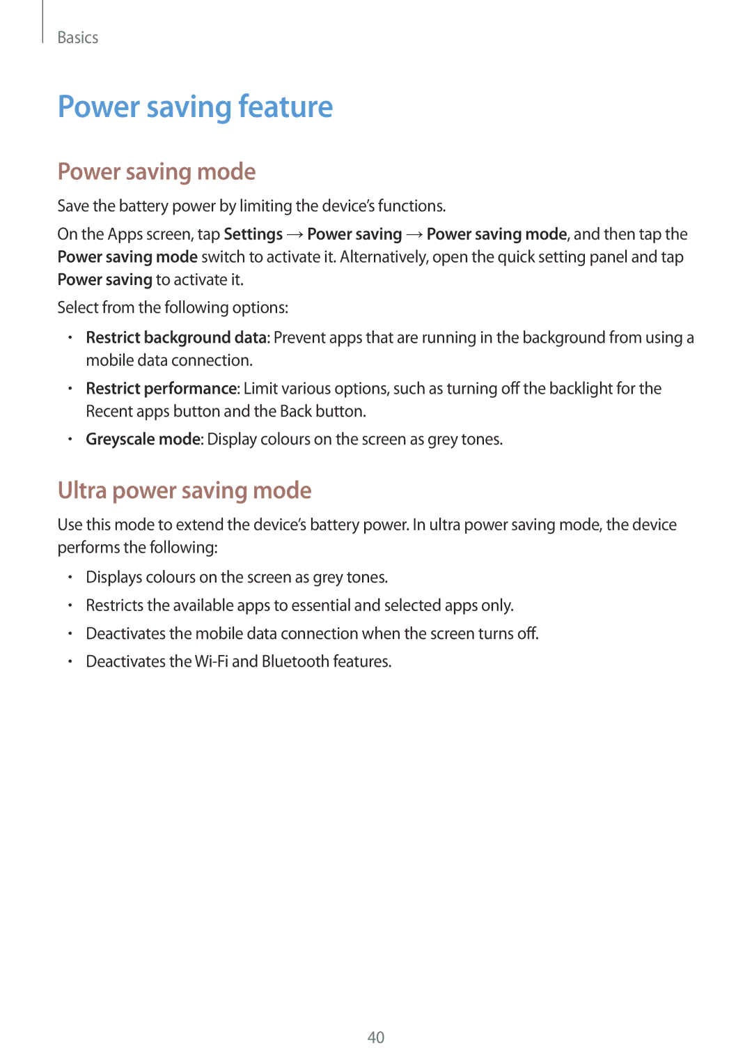 Samsung SM-G800FZKAPRO, SM-G800FZWADBT, SM-G800FZDADBT Power saving feature, Power saving mode, Ultra power saving mode 