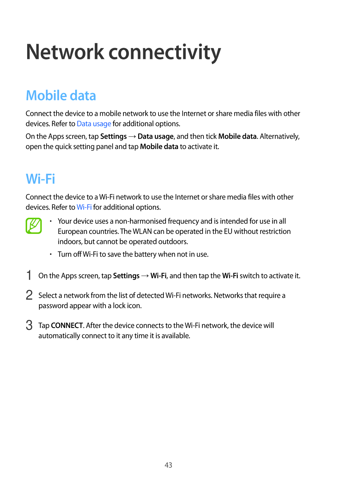 Samsung SM-G800FZWASWC, SM-G800FZWADBT, SM-G800FZDADBT, SM-G800FZKADBT manual Network connectivity, Mobile data, Wi-Fi 