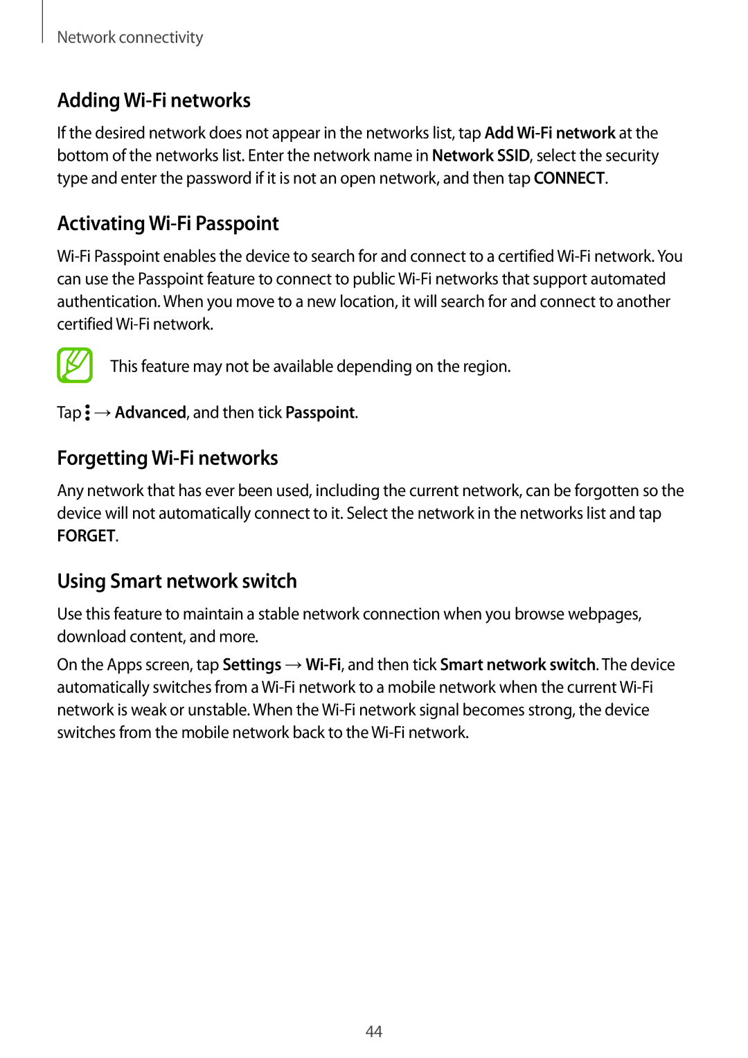 Samsung SM-G800FZKAROM, SM-G800FZWADBT manual Adding Wi-Fi networks, Activating Wi-Fi Passpoint, Forgetting Wi-Fi networks 