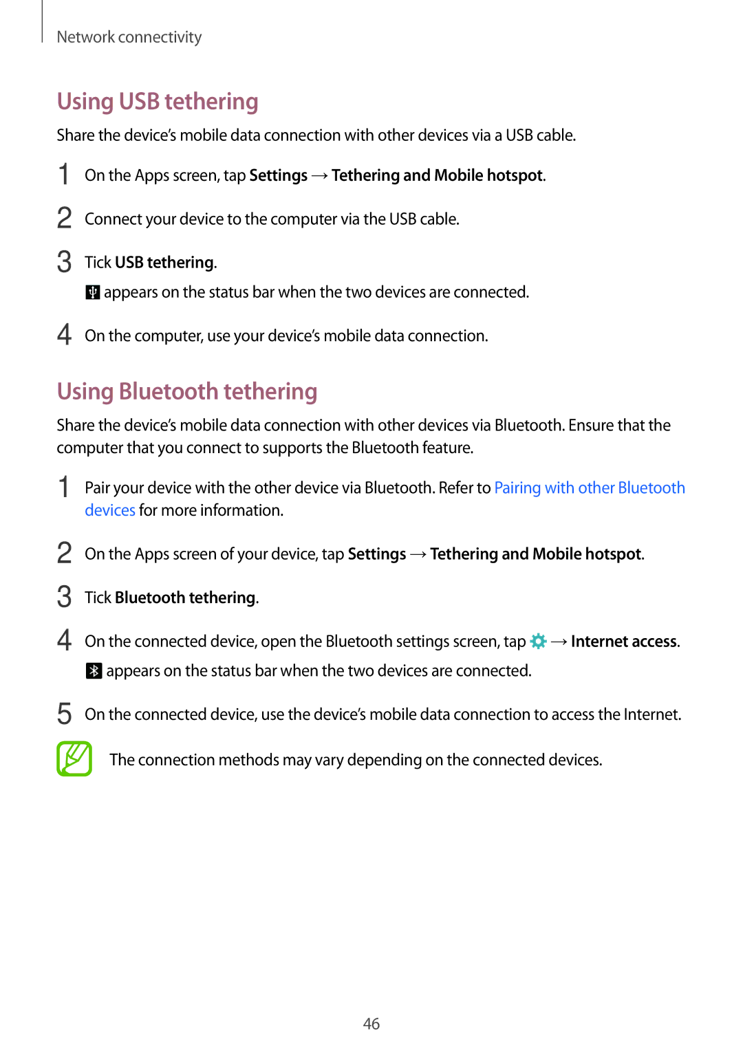 Samsung SM-G800FZKAATO manual Using USB tethering, Using Bluetooth tethering, Tick USB tethering, Tick Bluetooth tethering 