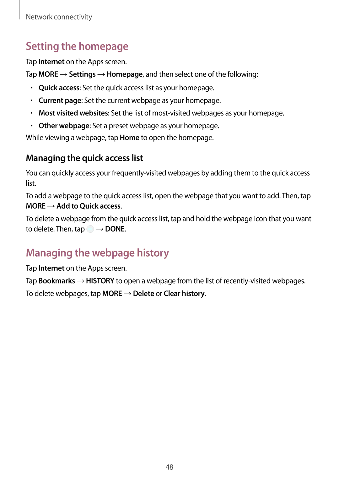 Samsung SM-G800FZWAXSG, SM-G800FZWADBT Setting the homepage, Managing the webpage history, Managing the quick access list 