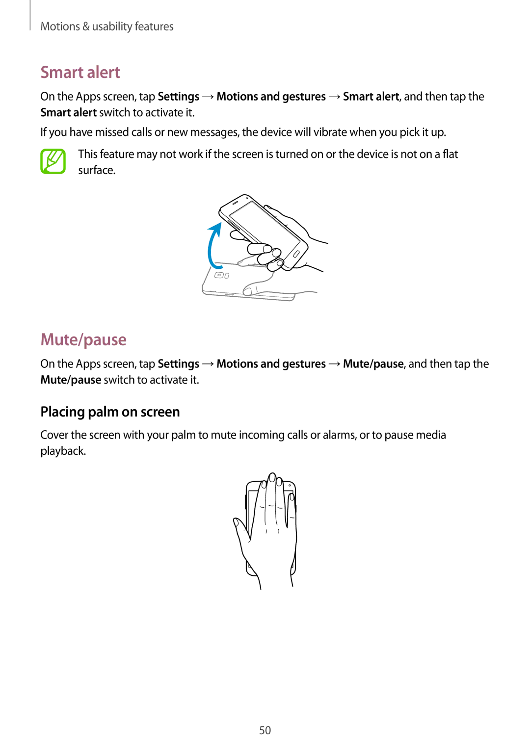 Samsung SM-G800FZKADTM, SM-G800FZWADBT, SM-G800FZDADBT, SM-G800FZKADBT manual Smart alert, Mute/pause, Placing palm on screen 